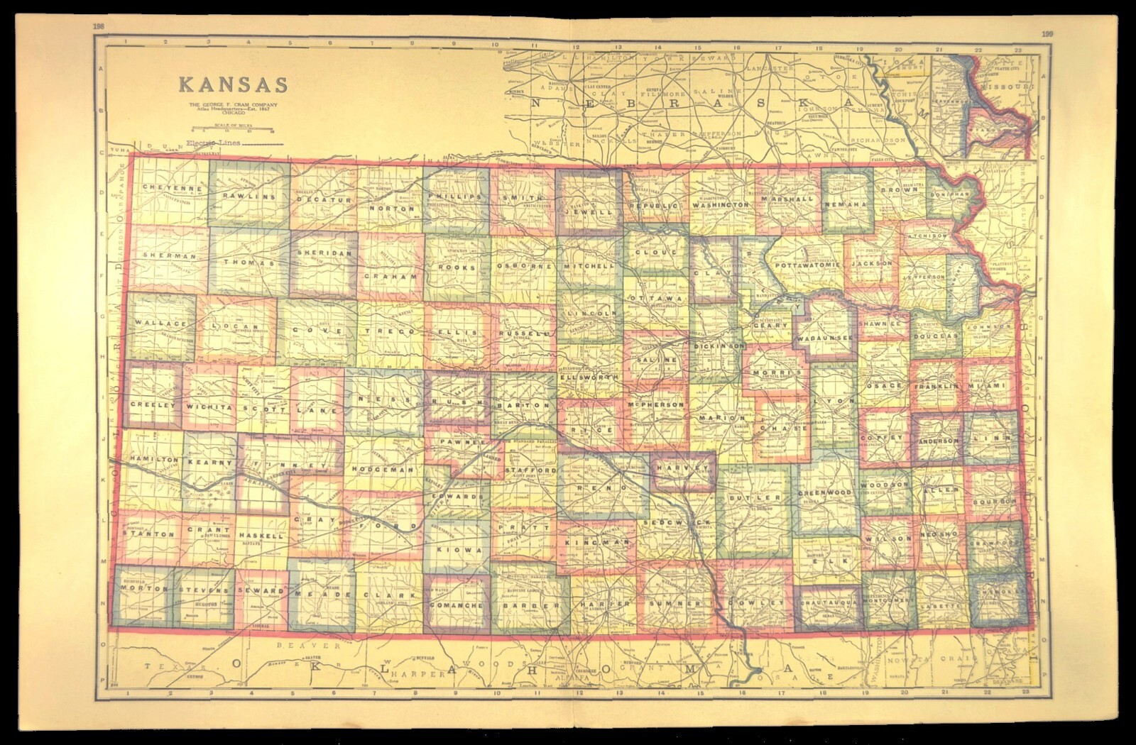Antique KANSAS Map Railroad LARGE Original AT&SF Missouri Pacific RR MKT
