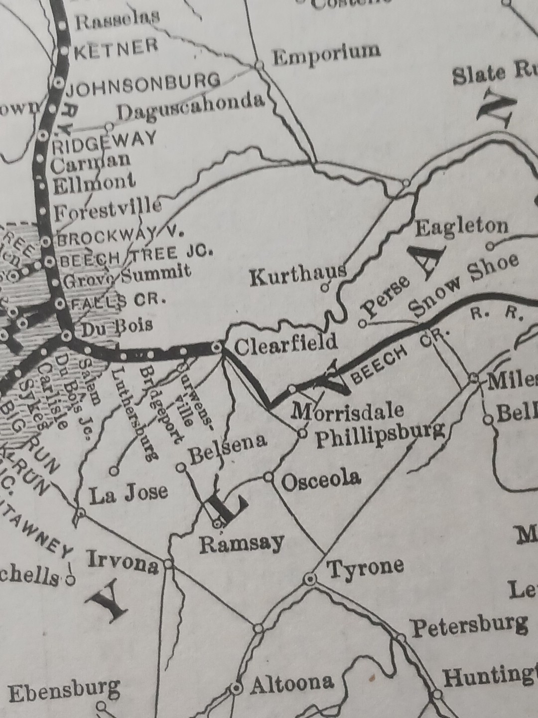 ~1898 Train Route Map BUFFALO ROCHESTER & PITTSBURGH RAILWAY Ralston Clearfield