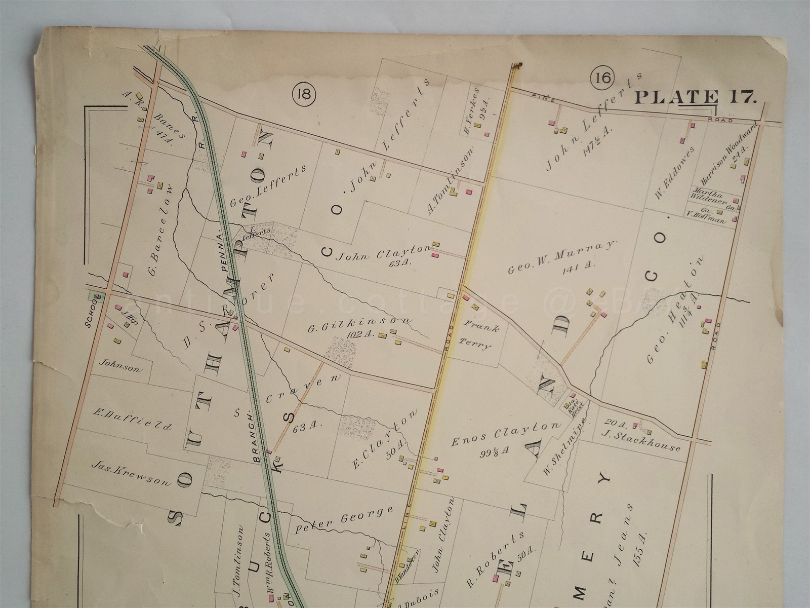 1890s antique PA BOUND BROOK RAILROAD MAP trenton div PHILA NEWTOWN NY RR PLATT