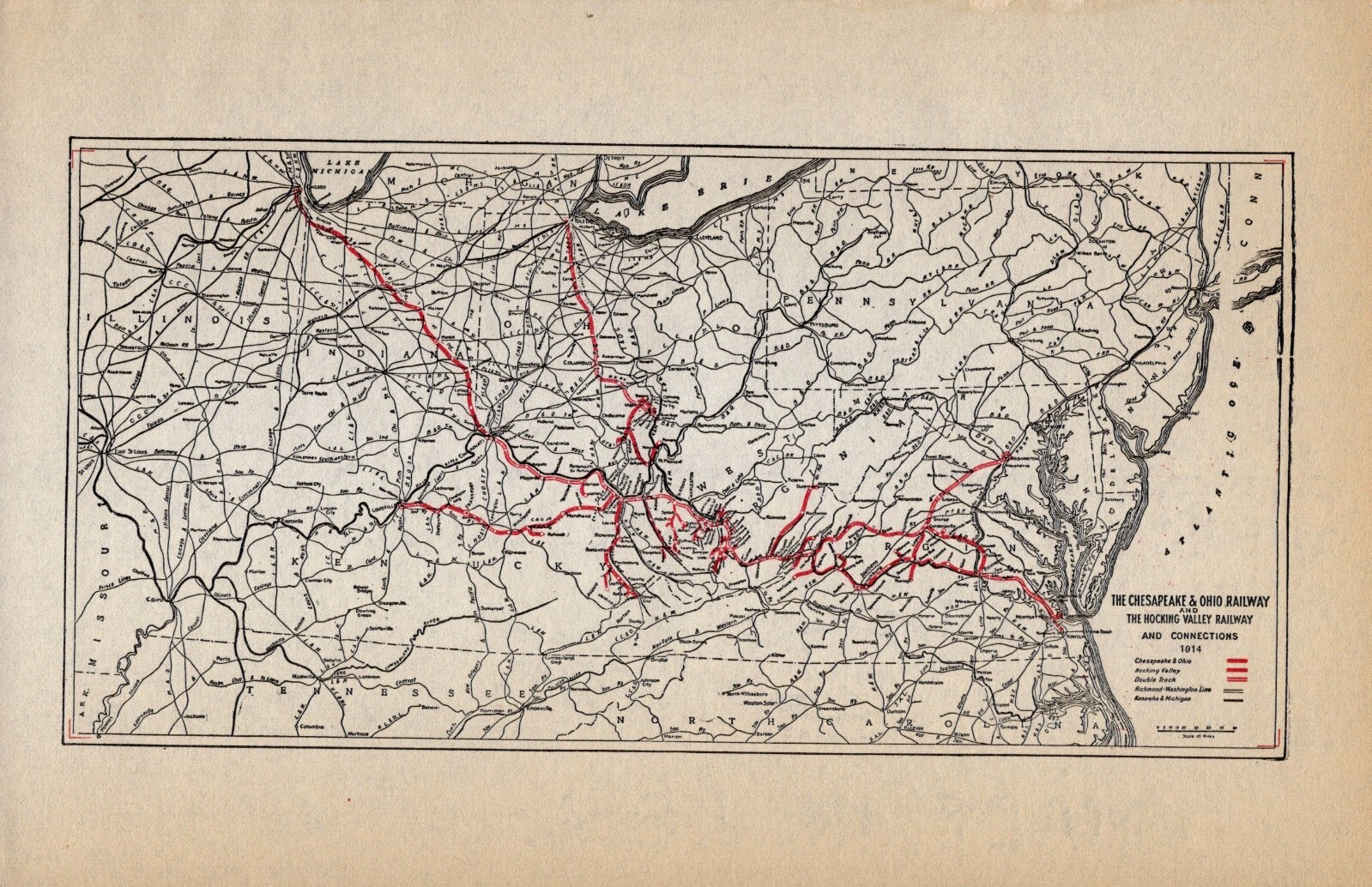 1914 Antique Chesapeake and Ohio Railway Map Vintage C & O Railroad Map #1964