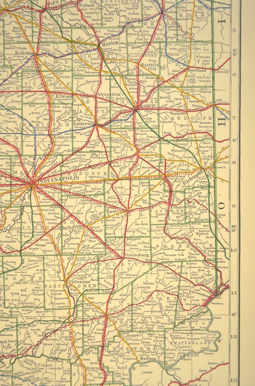 1914 Antique Map of INDIANA Railroads Map ORIGINAL Atlas Map CCC & St L Ry DATED
