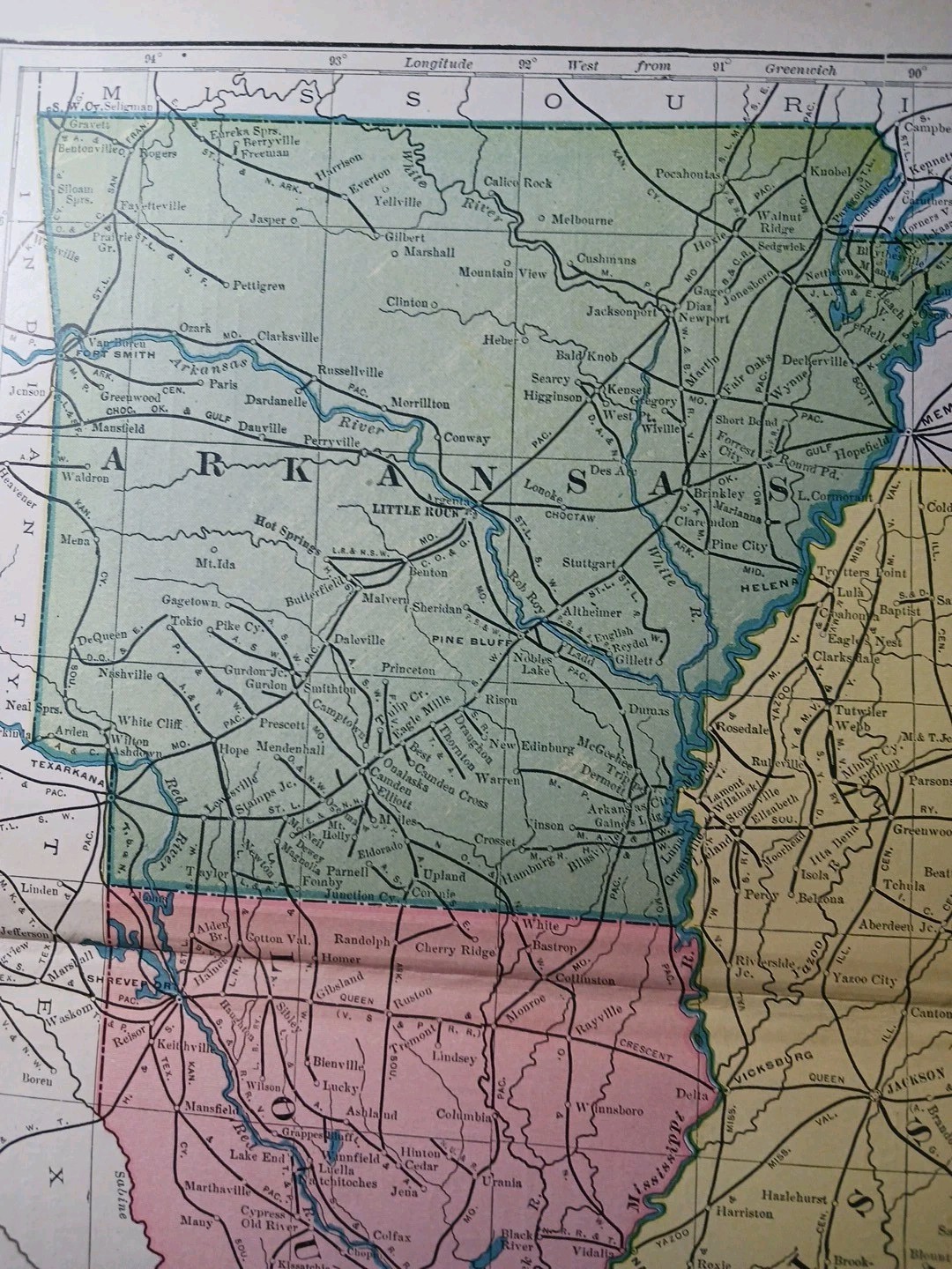 ~1904 Railroad Map MISSISSIPPI LOUISIANA ARKANSAS all Train lines Depots 11″x9″