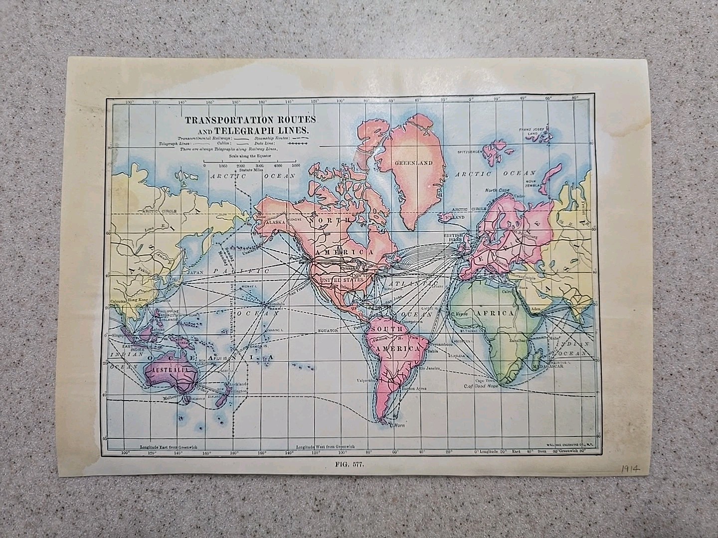 1914 Transportation Routes & Telegraph Lines World Map Color Book Plate