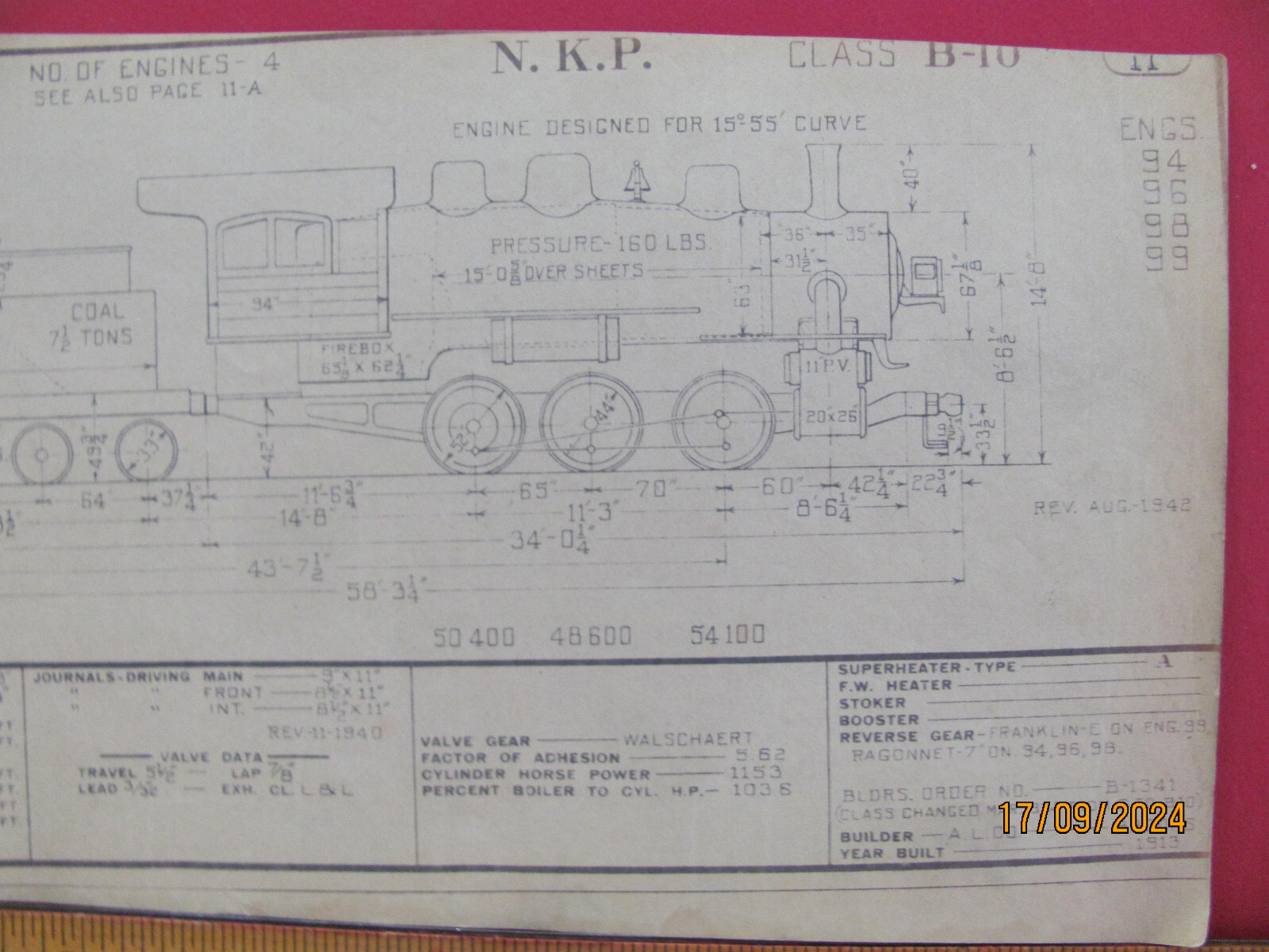 NICKLE PLATE ROAD RAILROAD ORIG 1943 DIAGRAM LOCOMOTIVE #94+ CLASS B-10-1 0-6-0