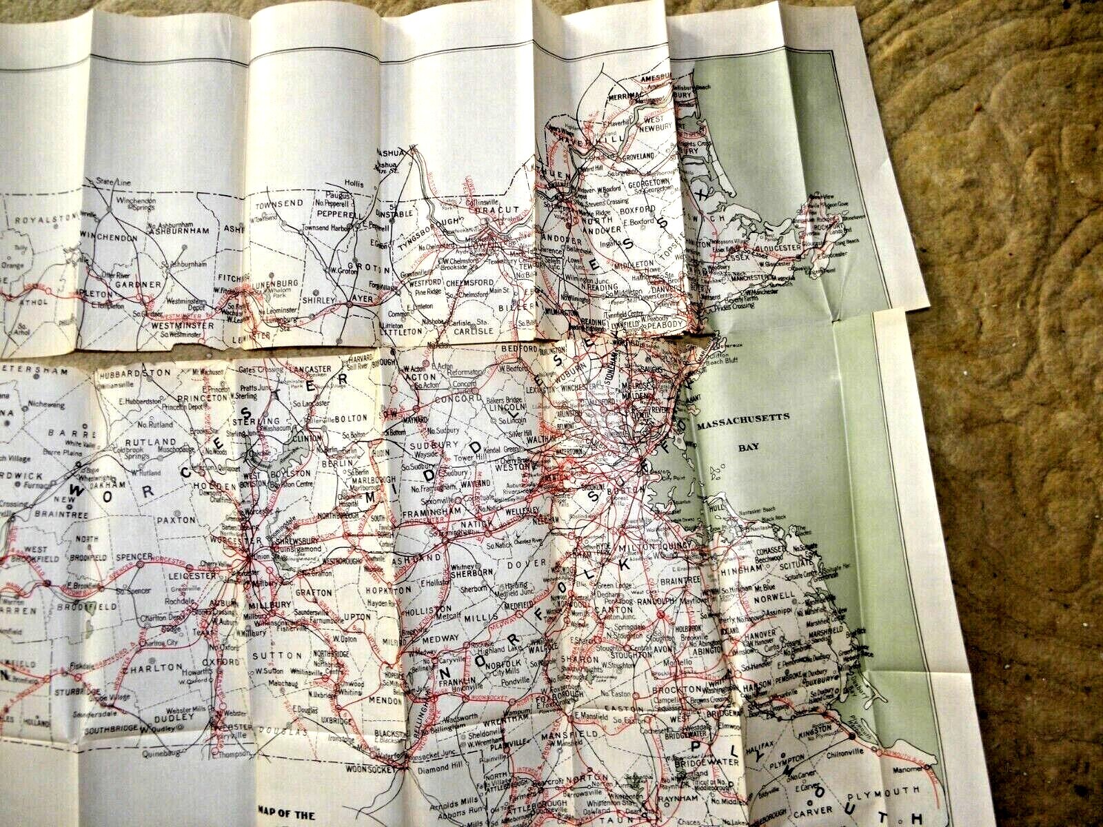 ANTIQUE LARGE MAP OF THE ELECTRIC RAILWAYS STATE OF MASSACHUSETTS RAILROADS 1908