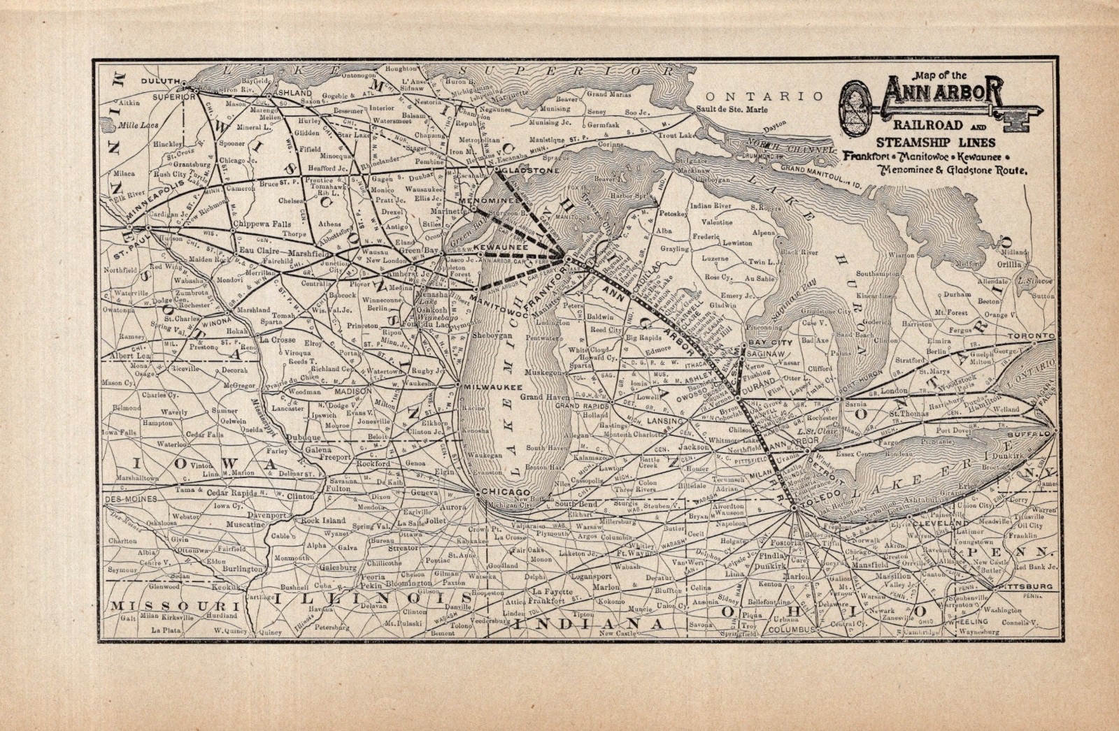 1900 Antique Ann Arbor Railroad Map Vintage Railway Map 2899