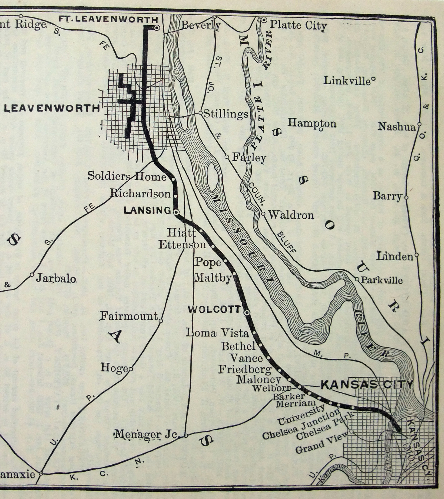 Kansas City Western Railway – 1907 Route Map. Antique