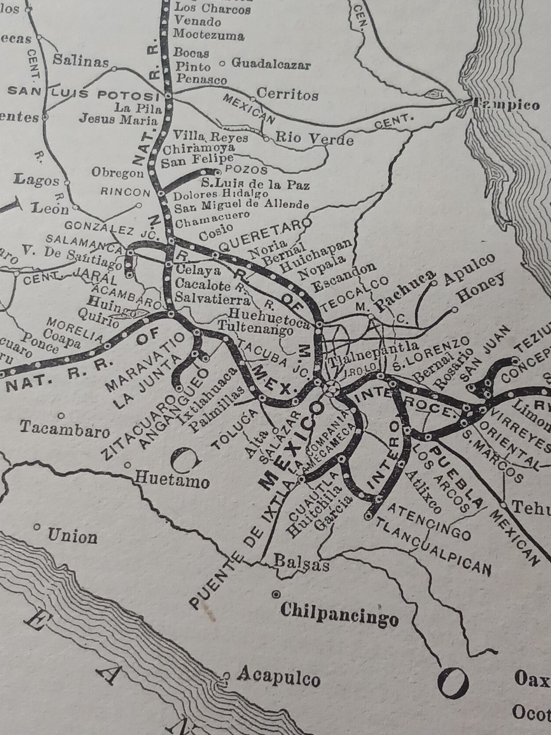 1905 Train Route Map NATIONAL RAILROAD OF MEXICO Mexican International Railway