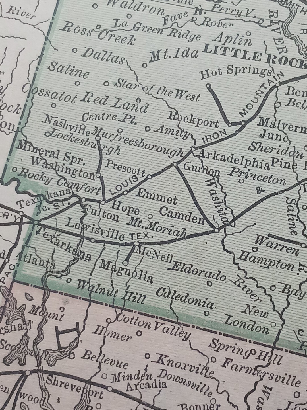 1886 Train Route Map Alabama Louisiana Mississippi TN AR Railroad Lines 9″x 11″