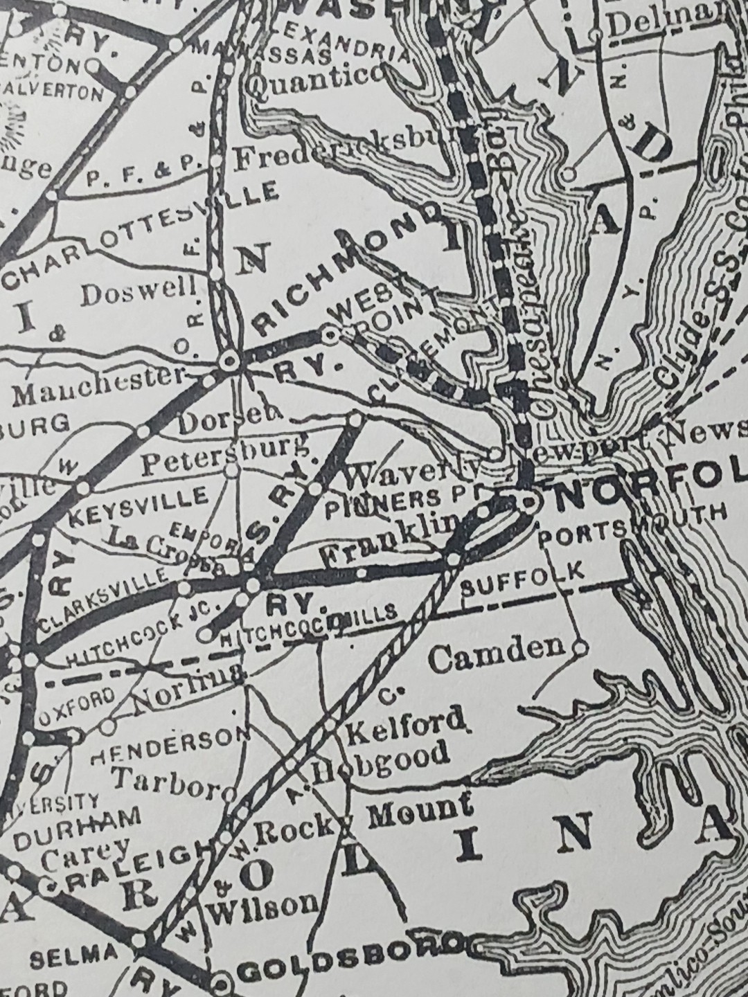 ~1910 railroad Map SOUTHERN RAILWAY and Connections ALL Train routes 9×11″