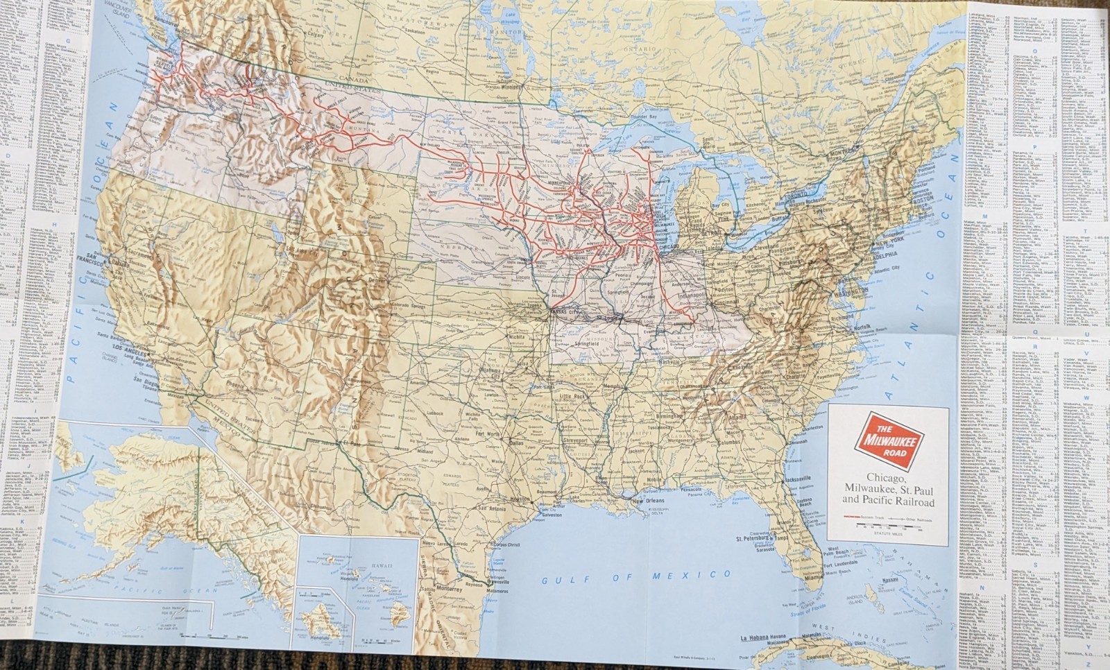 ***VINTAGE 1973 MILWAUKEE ROAD RAILROAD U.S.A. SYSTEM MAP W/ STATION LISTS***
