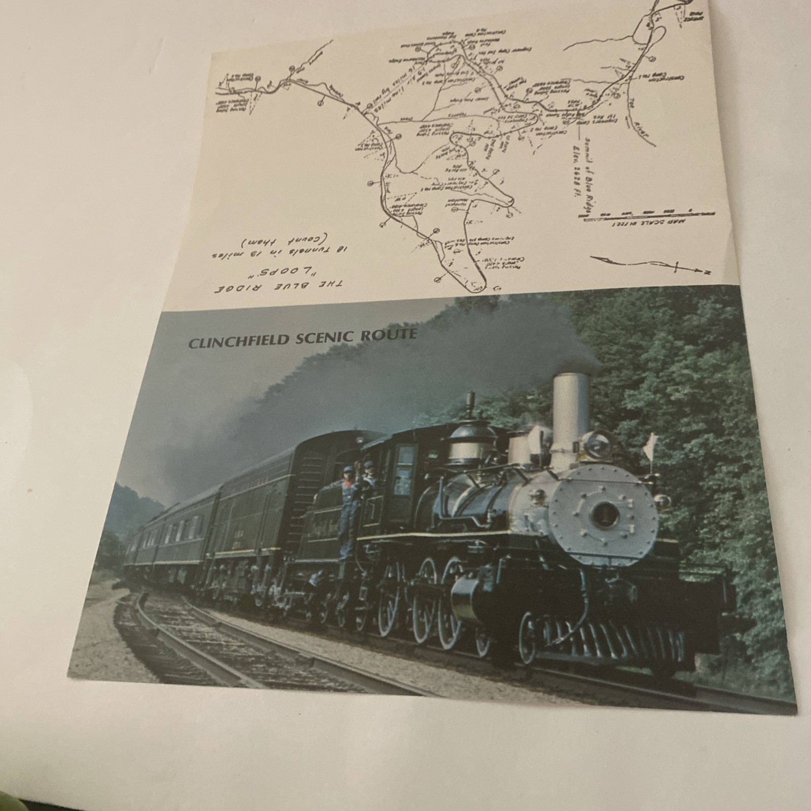 Vintage Paper Image Clinchfield Railroad steam locomotive and route map.