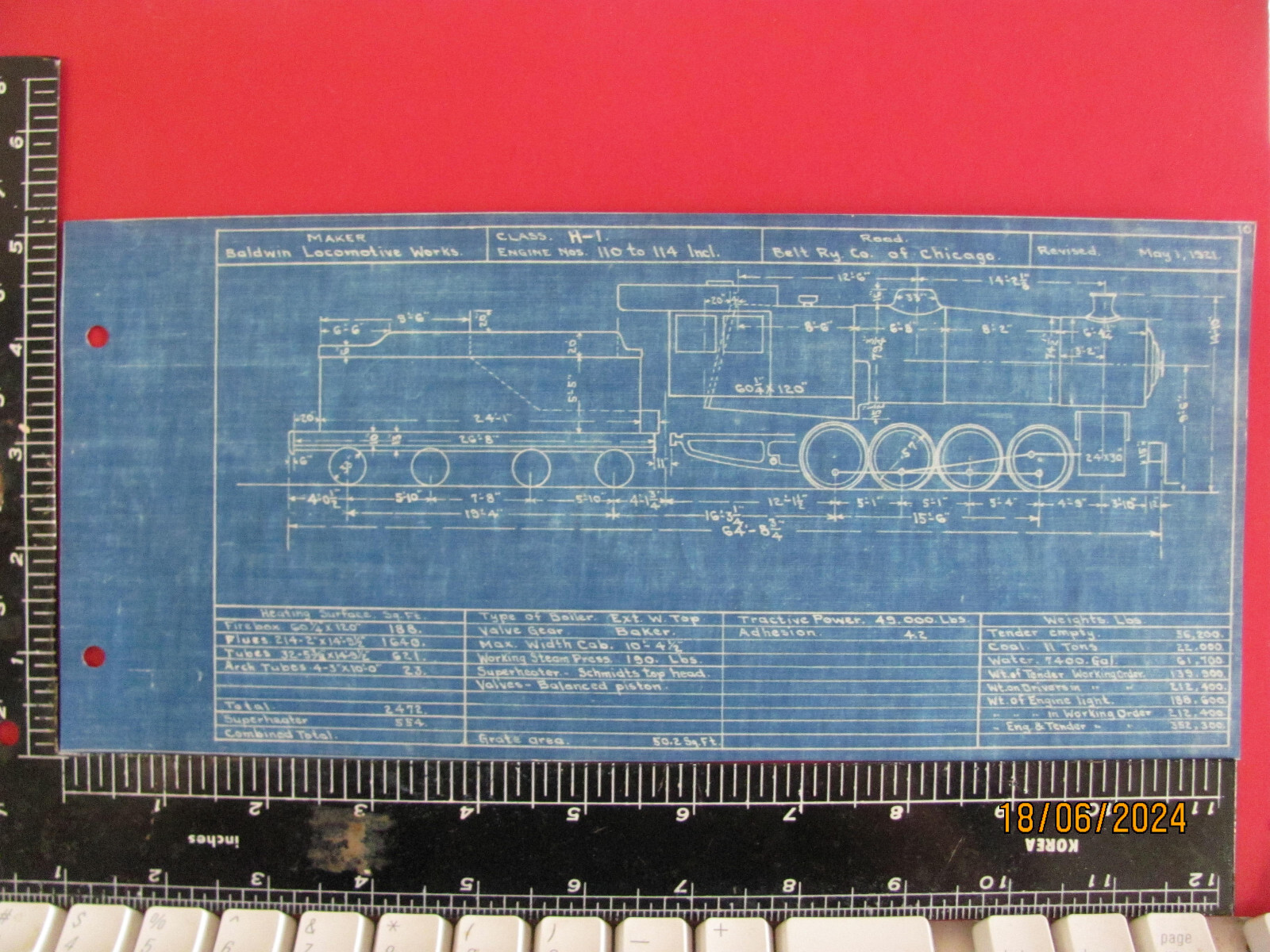 BELT RAILWAY OF CHICAGO 0-8-0 H-1 LOCOMOTIVES #110 – #114 BLUEPRINT DATA DRAWING