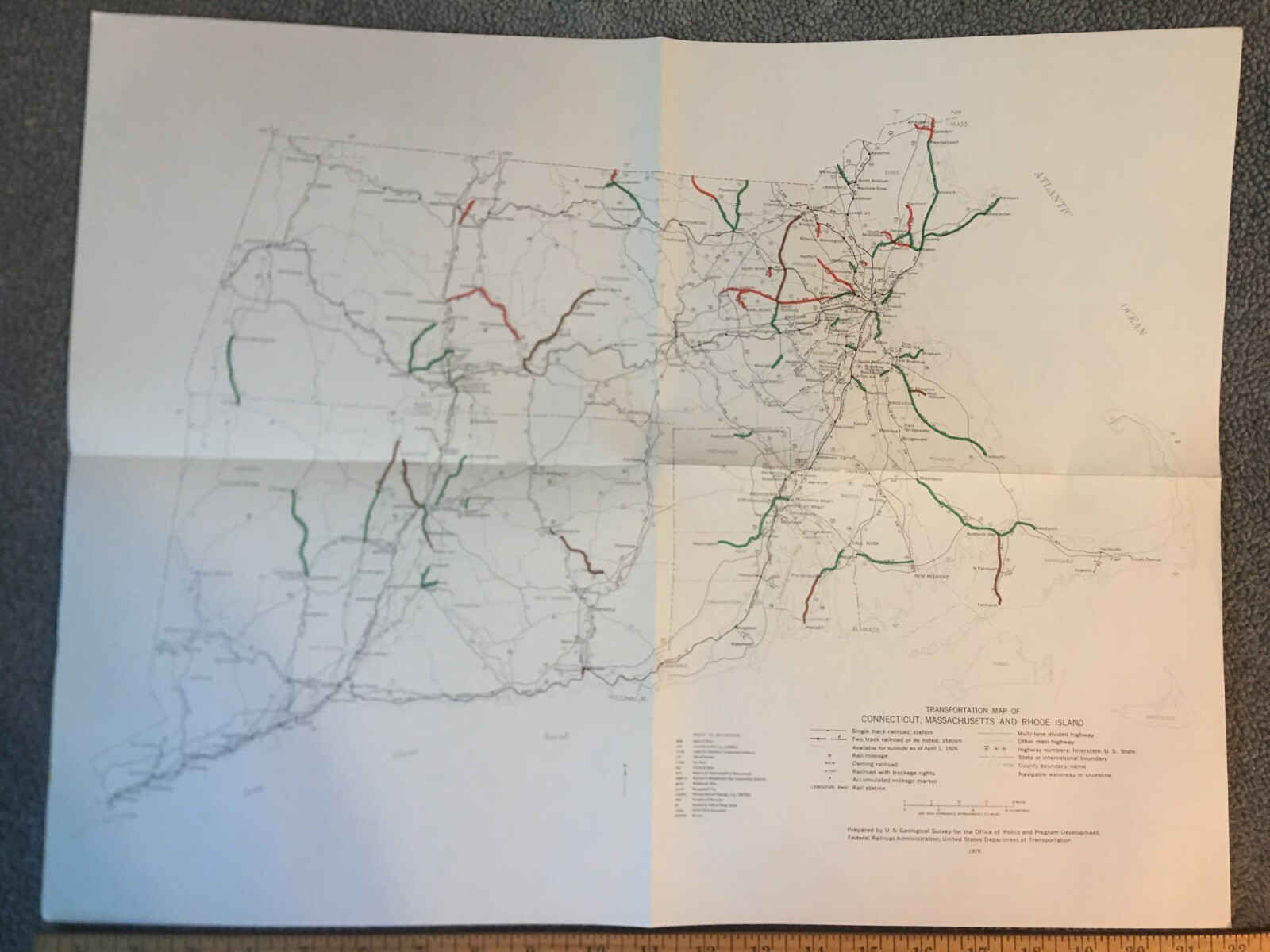 Vintage 1976 Connecticut-Massachusetts-Rhode Island Railroad Map●FRA●11″x17″
