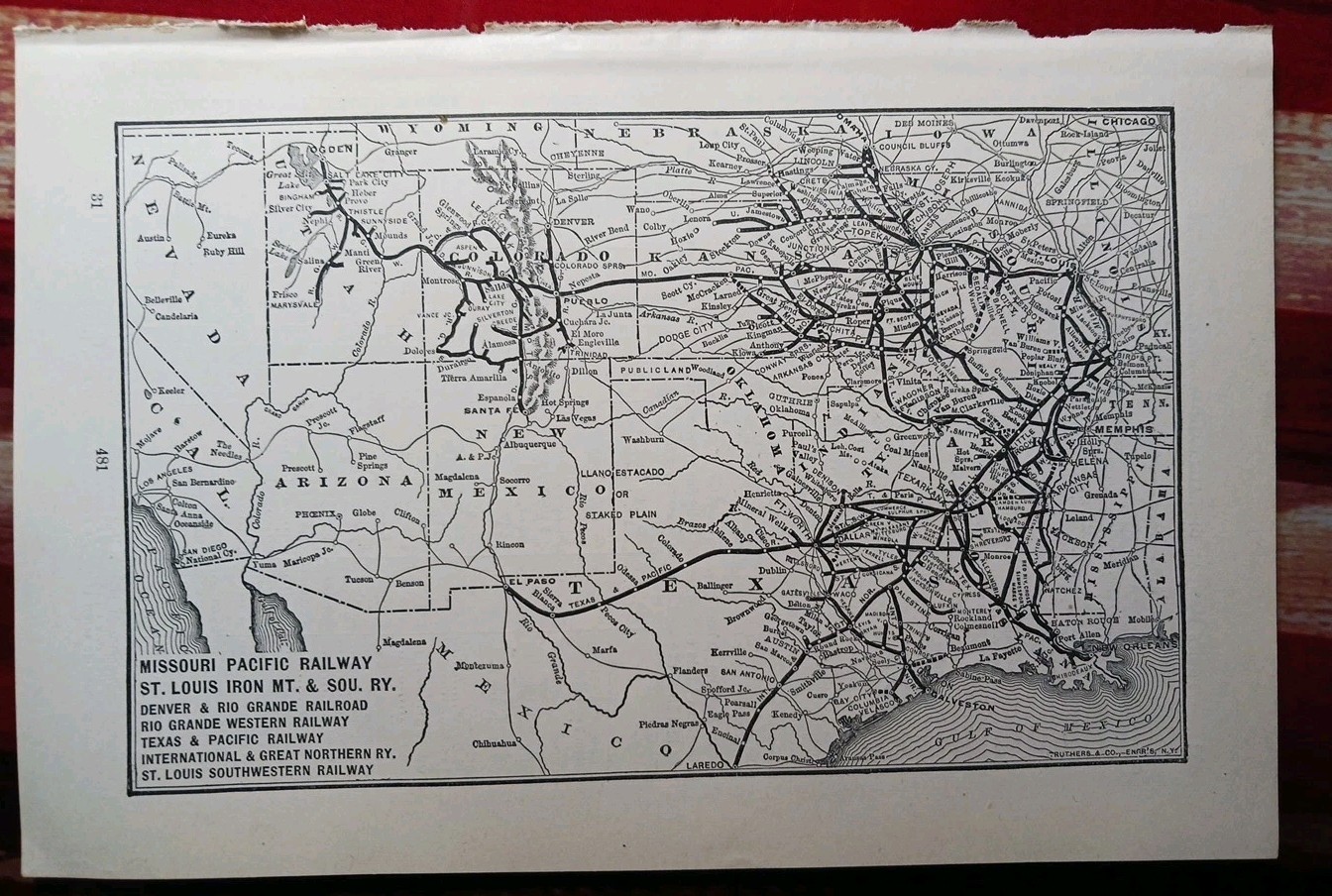 ~1904 Train Route Map MISSOURI PACIFIC RAILWAY Lines Great Northern Railroad