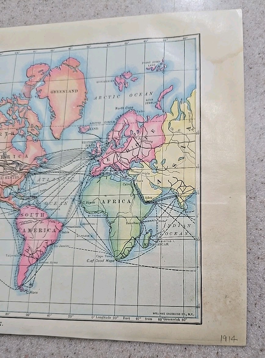 1914 Transportation Routes & Telegraph Lines World Map Color Book Plate