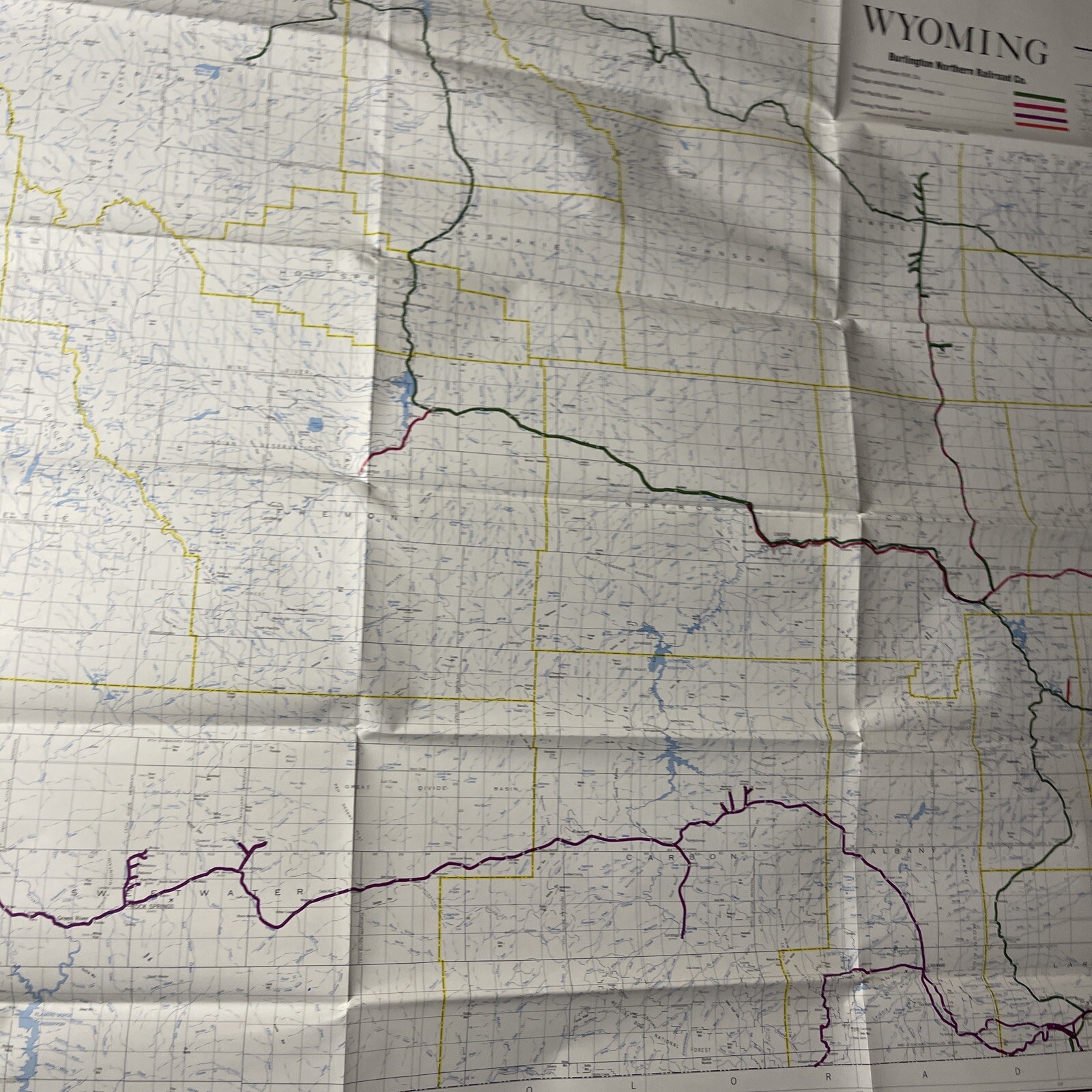 Burlington Northern Railroad 1983 Wyoming State Railroad Map in sleeve PR1