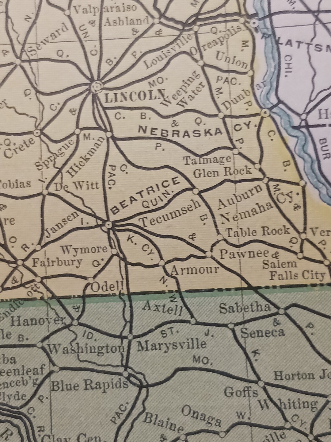 1902 Train Route Map NEBRASKA KANSAS All Railroad Lines Stations 11″×9″ Dated