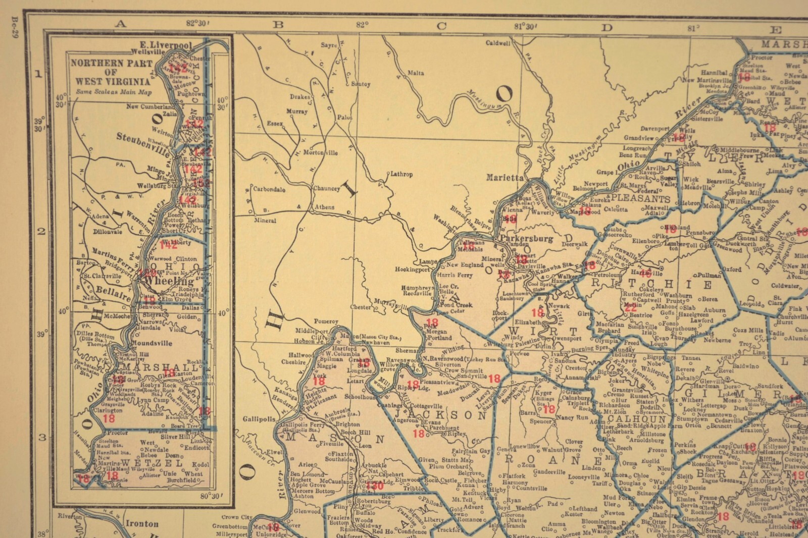 Vintage Map of WEST VIRGINIA Railroad Map LARGE B&O RR Clarksburg Antique