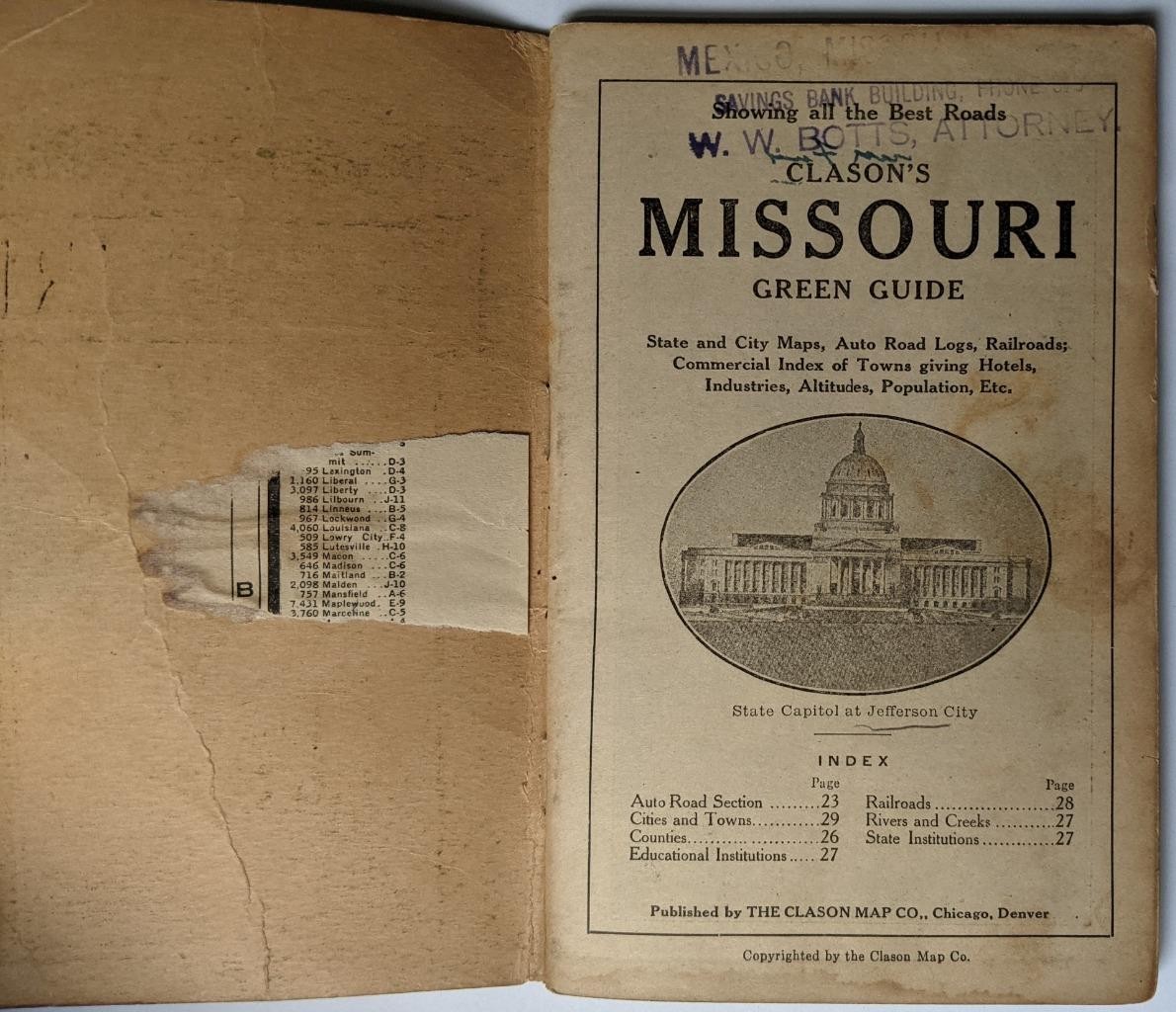 VINTAGE BOOKLET CLASON s MISSOURI GUIDE BOOK w ROAD AND RAILWAY MAP s