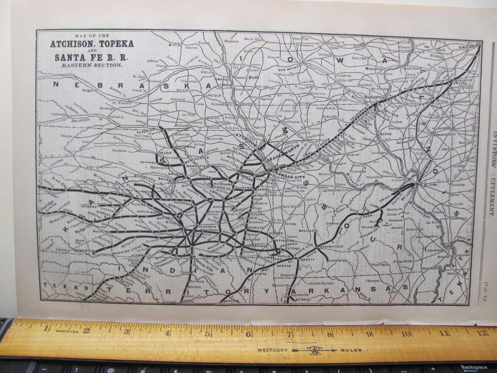 1890 NOV ATCHISON TOPEKA & SANTA FE RAILROAD ORIGINAL EASTERN SYSTEM MAP AT&SF