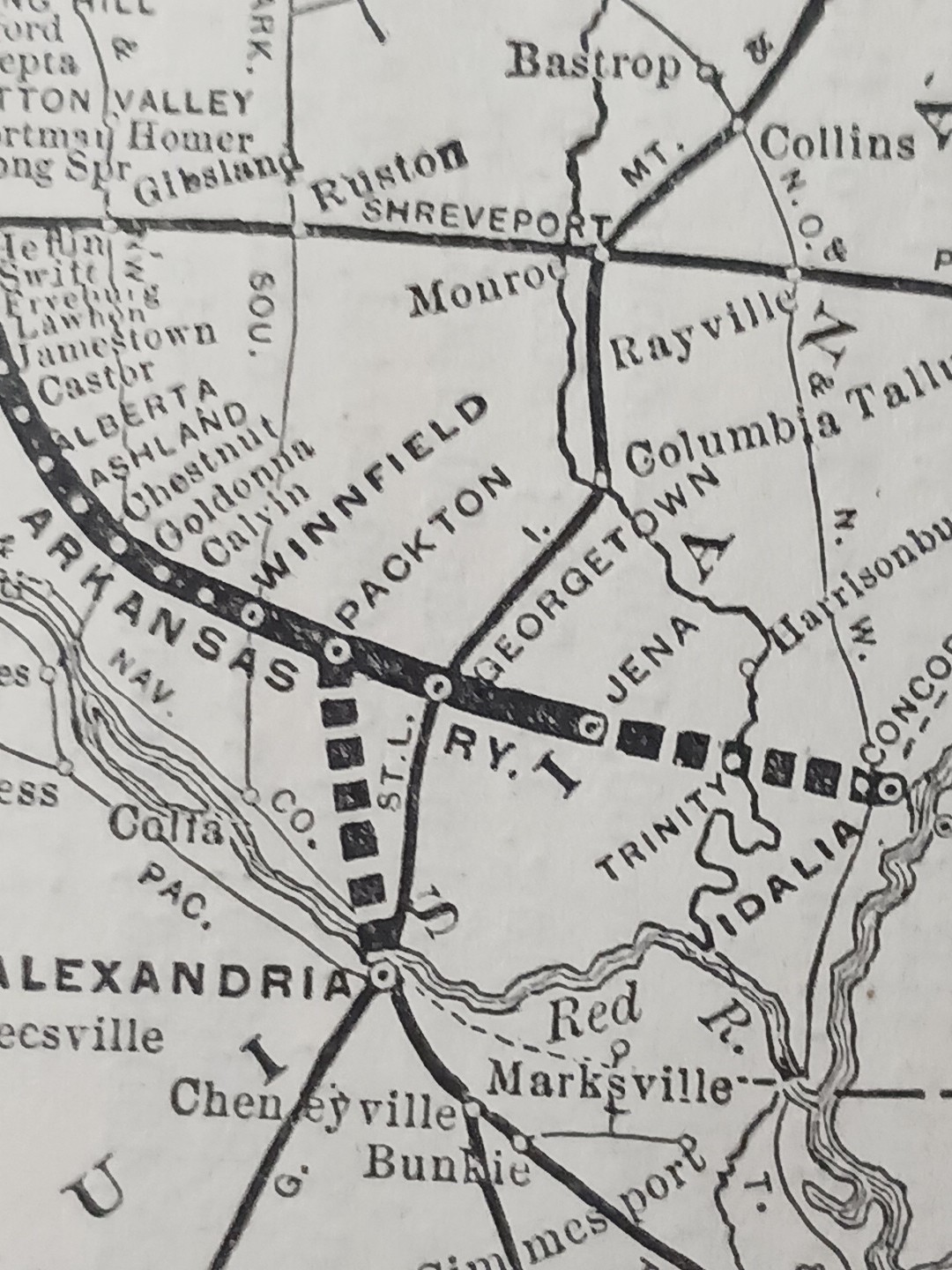 1905 train Route Map LOUISIANA & ARKANSAS RAILWAY Stamps AR Jena LA railroad
