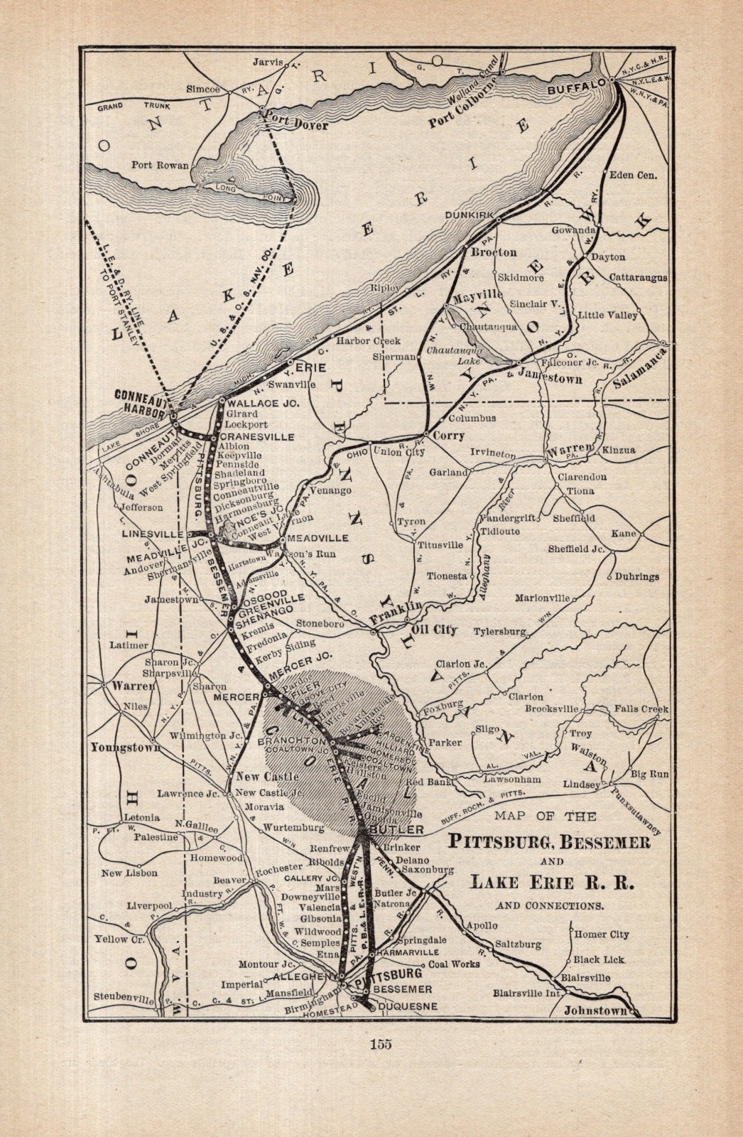 1900 Antique Pittsburg Bessemer & Lake Erie Railroad Map Vintage Railway 2898