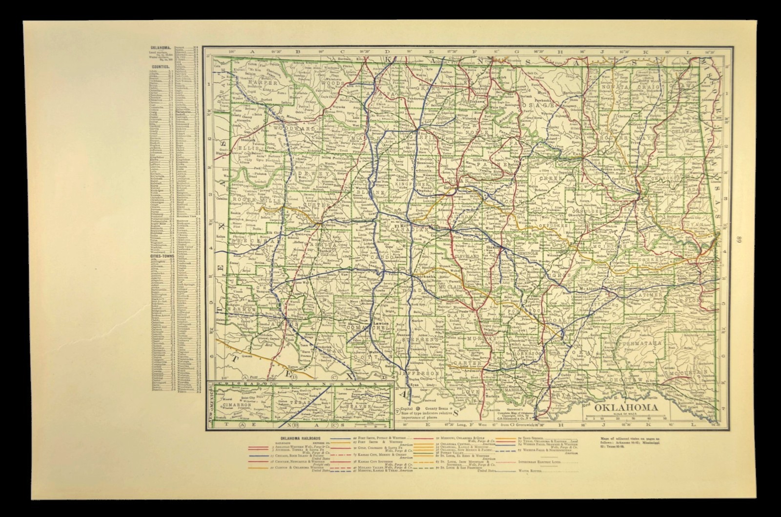 1914 Antique Map of OKLAHOMA Railroads Map ORIGINAL Atlas Map CRI&P RR DATED