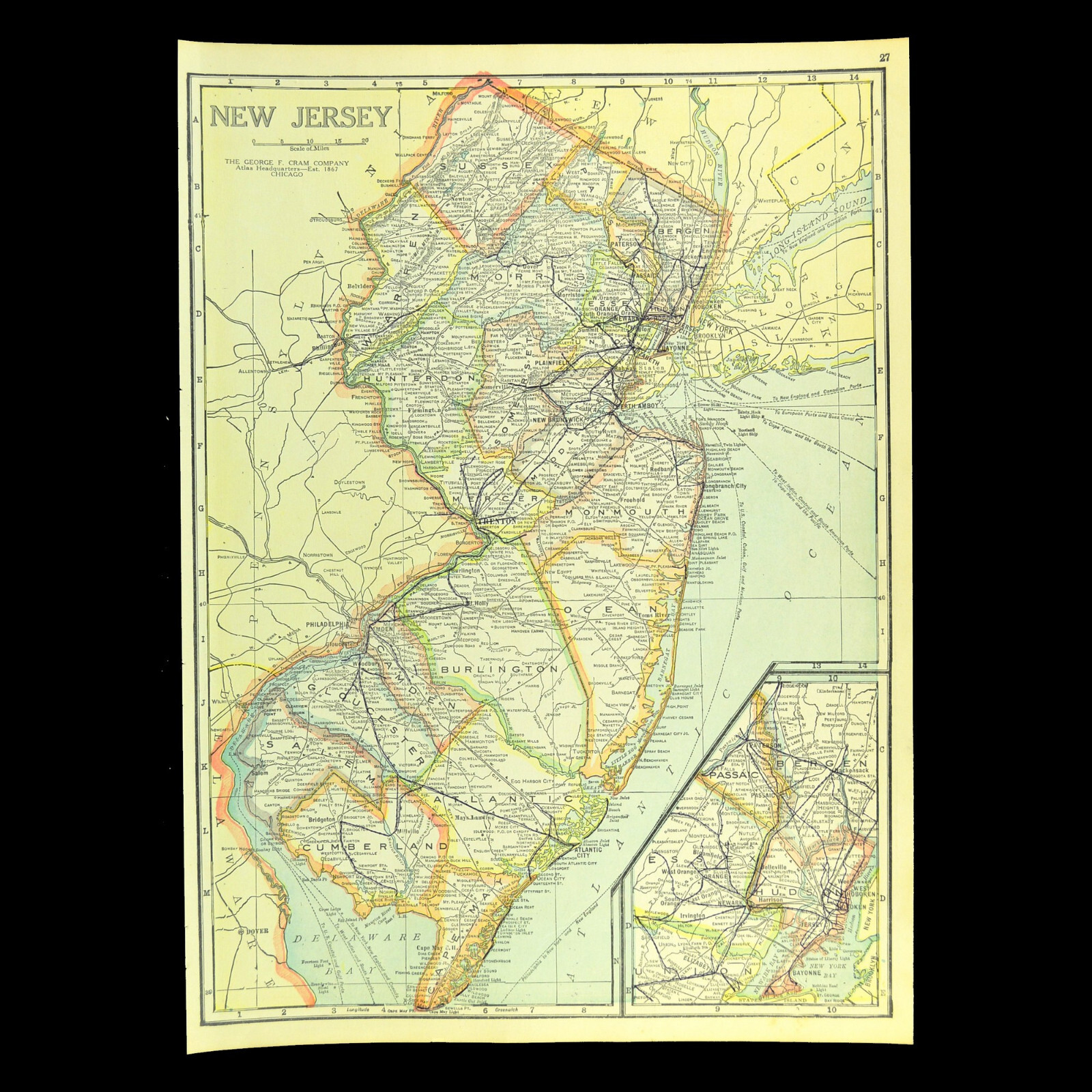 Vintage NEW JERSEY Map Wall Art Decor Electric Railway Old Original 1920s Newark