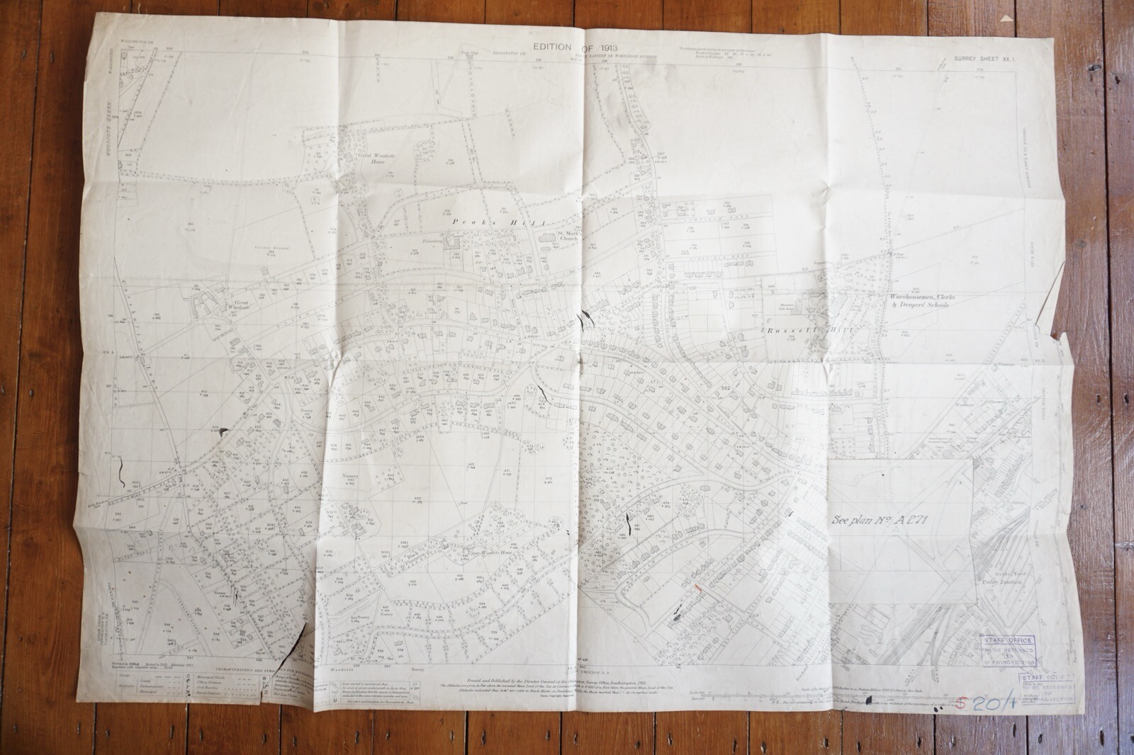 1913 Russell Hill Peaks Hill OS Railway Map London