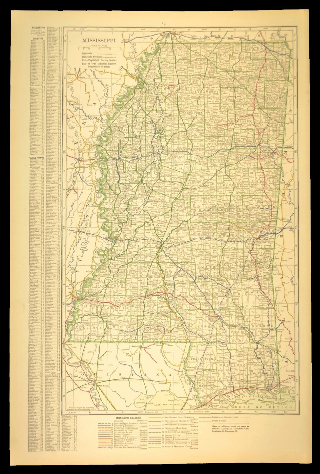 1914 Antique Map of MISSISSIPPI Railroads Map ORIGINAL Atlas Map IC RR DATED