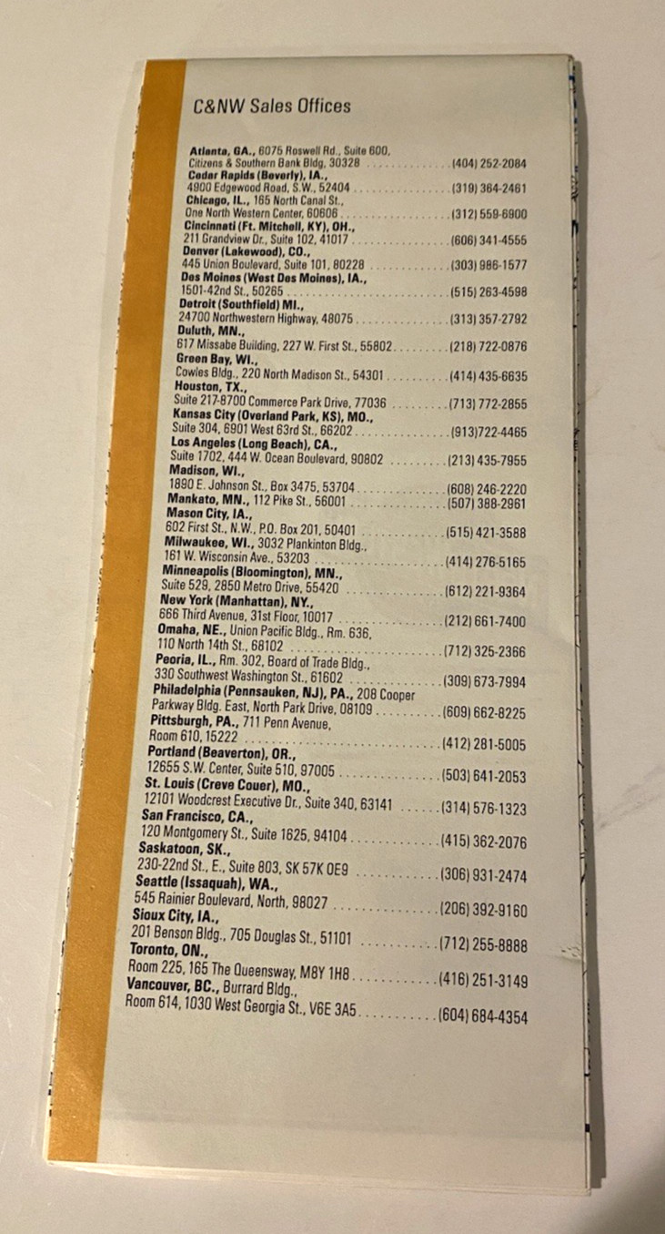 1985 Chicago and North Western Train Transportation Co. Railway System Map Good