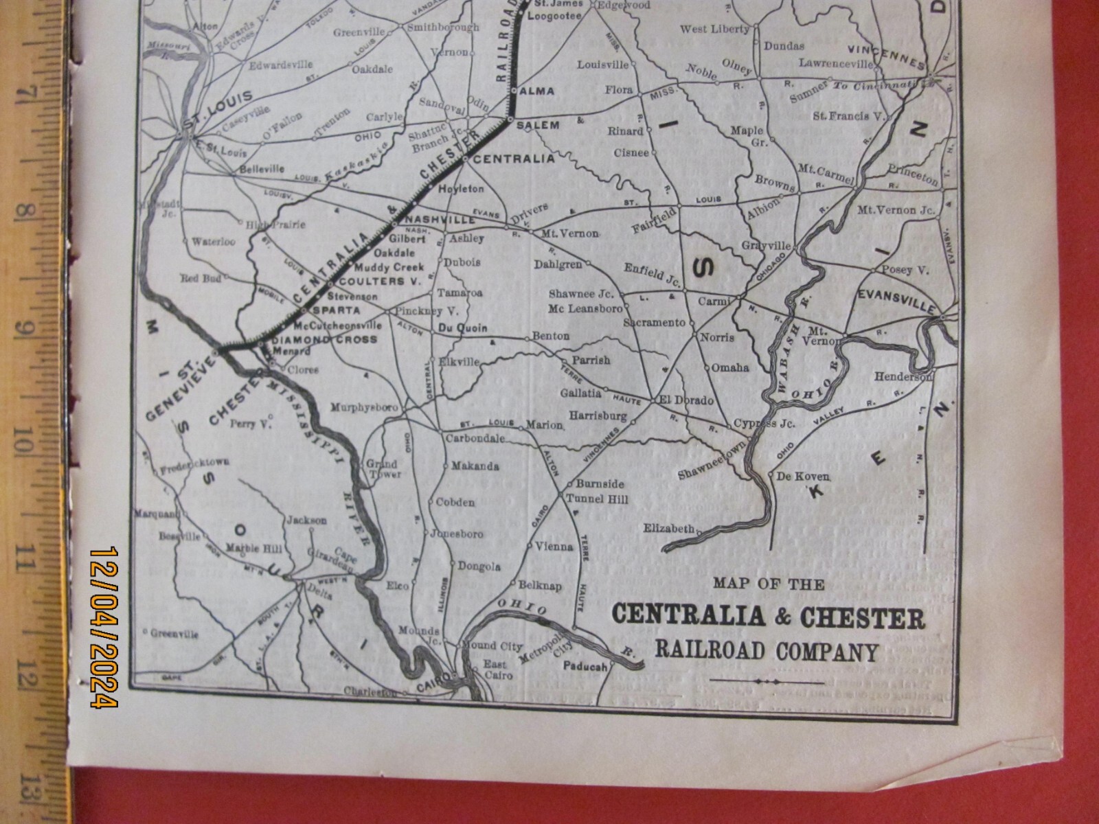 1890 CENTRALIA & CHESTER RAILROAD ORIGINAL SYSTEM ROUTE MAP in ILLINOIS