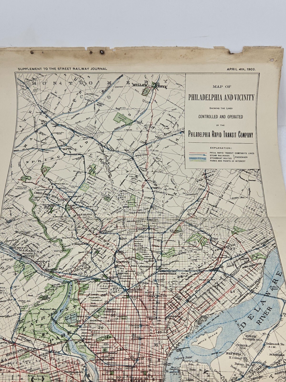 ANTIQUE 1903 MAP OF PHILADELPHIA & VICINITY BY PHILA RAPID TRANSIT COMPANY