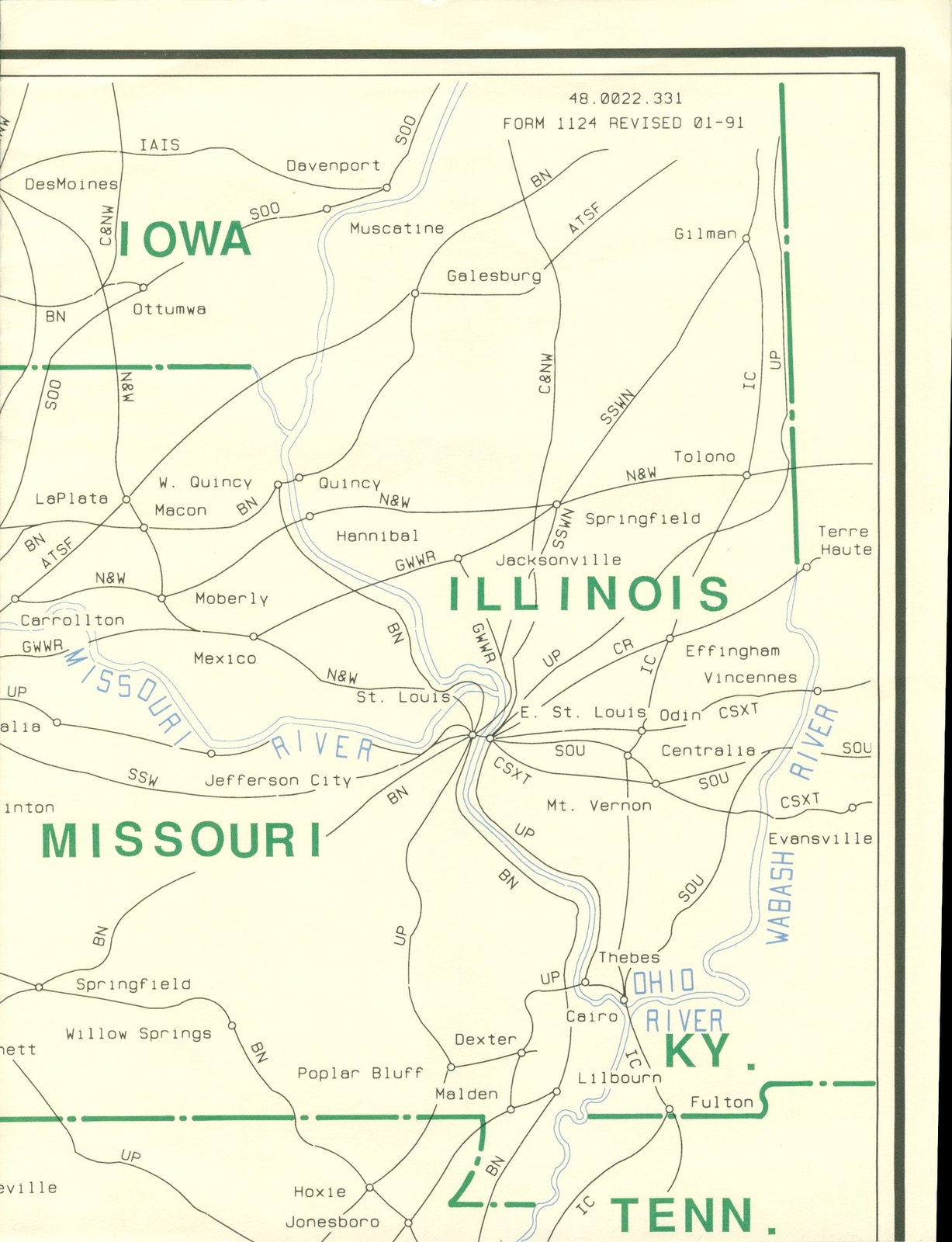 1991 Kansa City Southern Lines Railroad Route Wall Map Station Track Lines Train