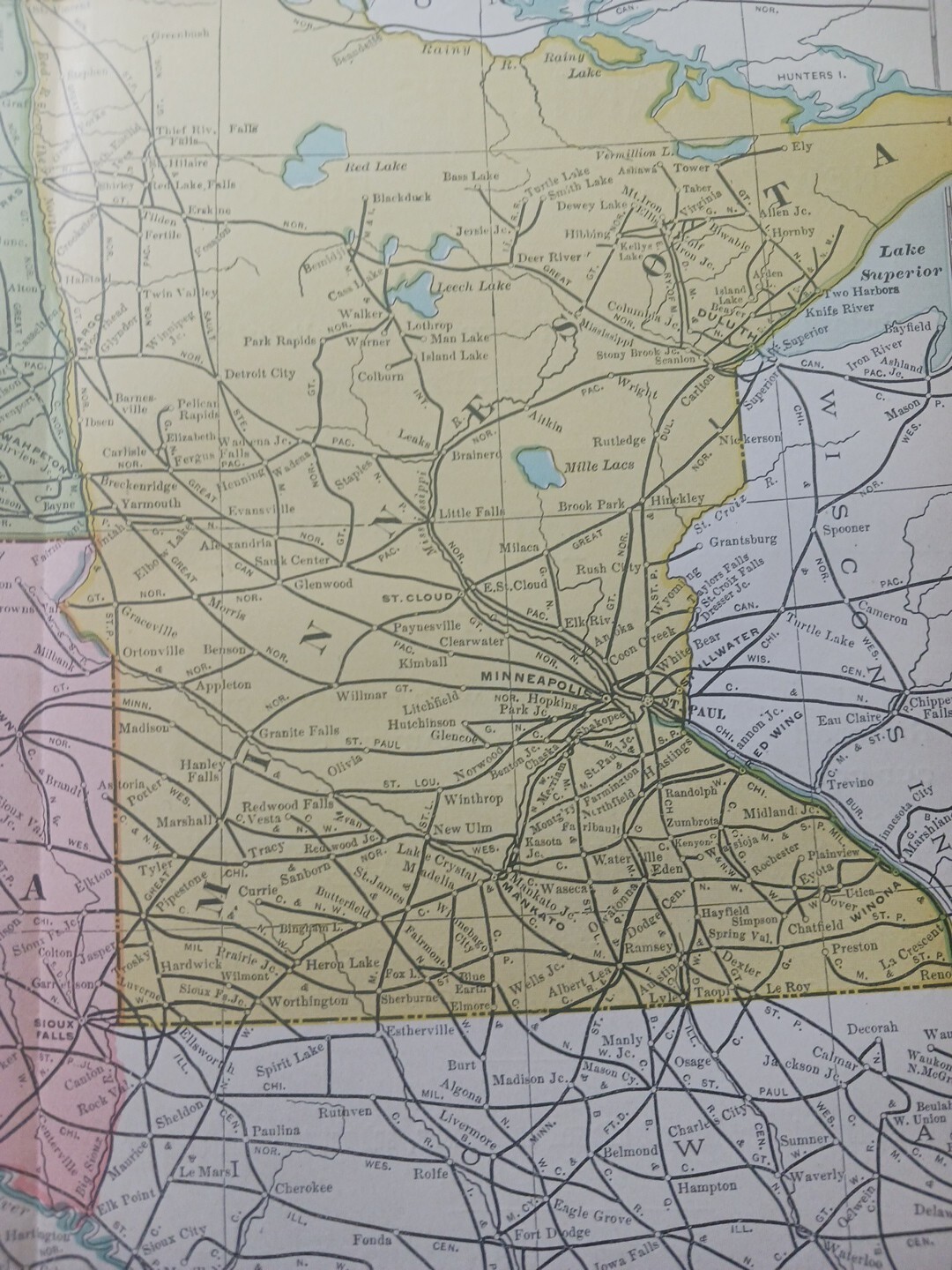 1906 Dated Train Route Map Minnesota Dakotas All Railroad Lines Stations 11″×9″