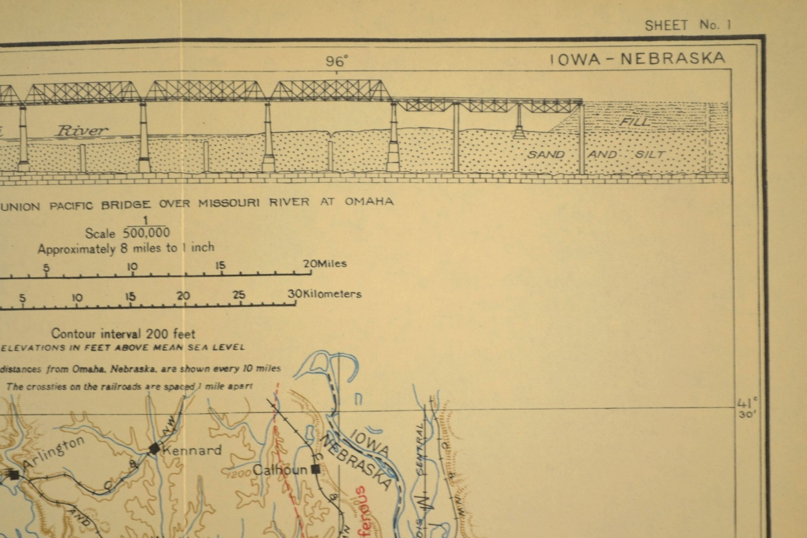 1915 Antique Union Pacific Railroad Map Omaha NE Council Bluffs Iowa Bellevue