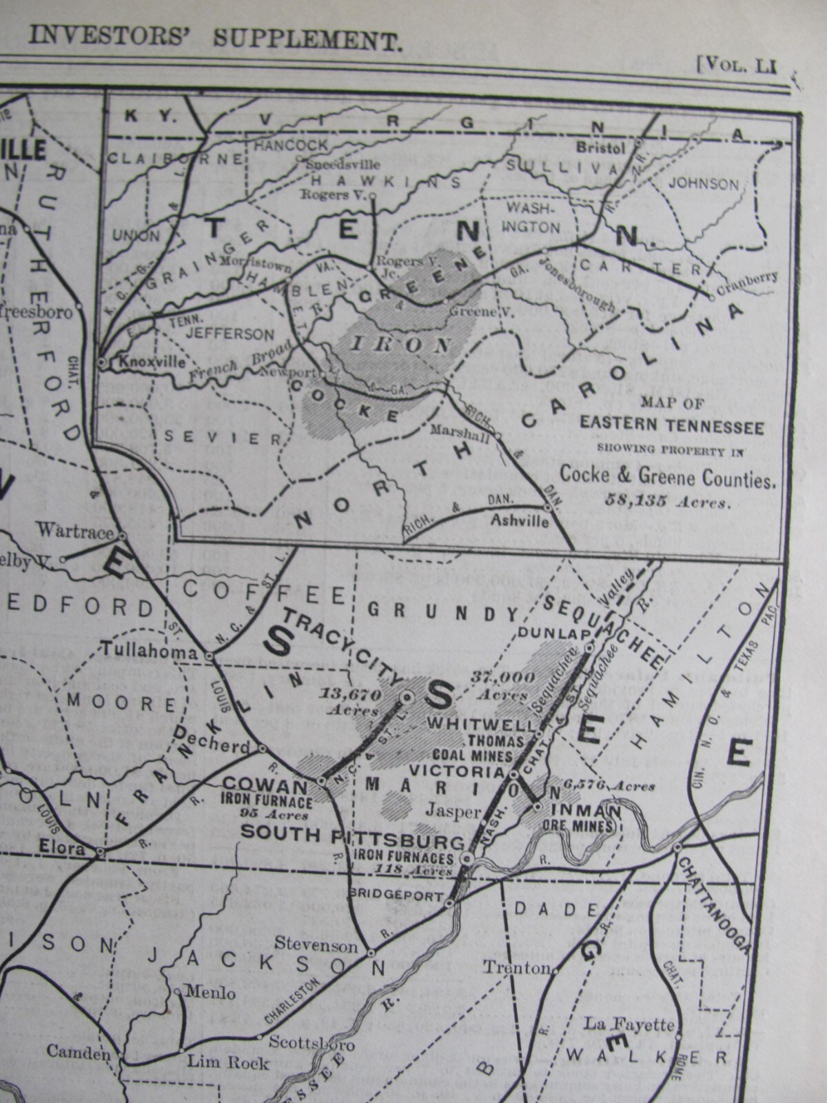 1890 NOV TENNESSEE COAL & IRON COMPANY RAILROAD SYSTEM MAP ORIGINAL ANTIQUE