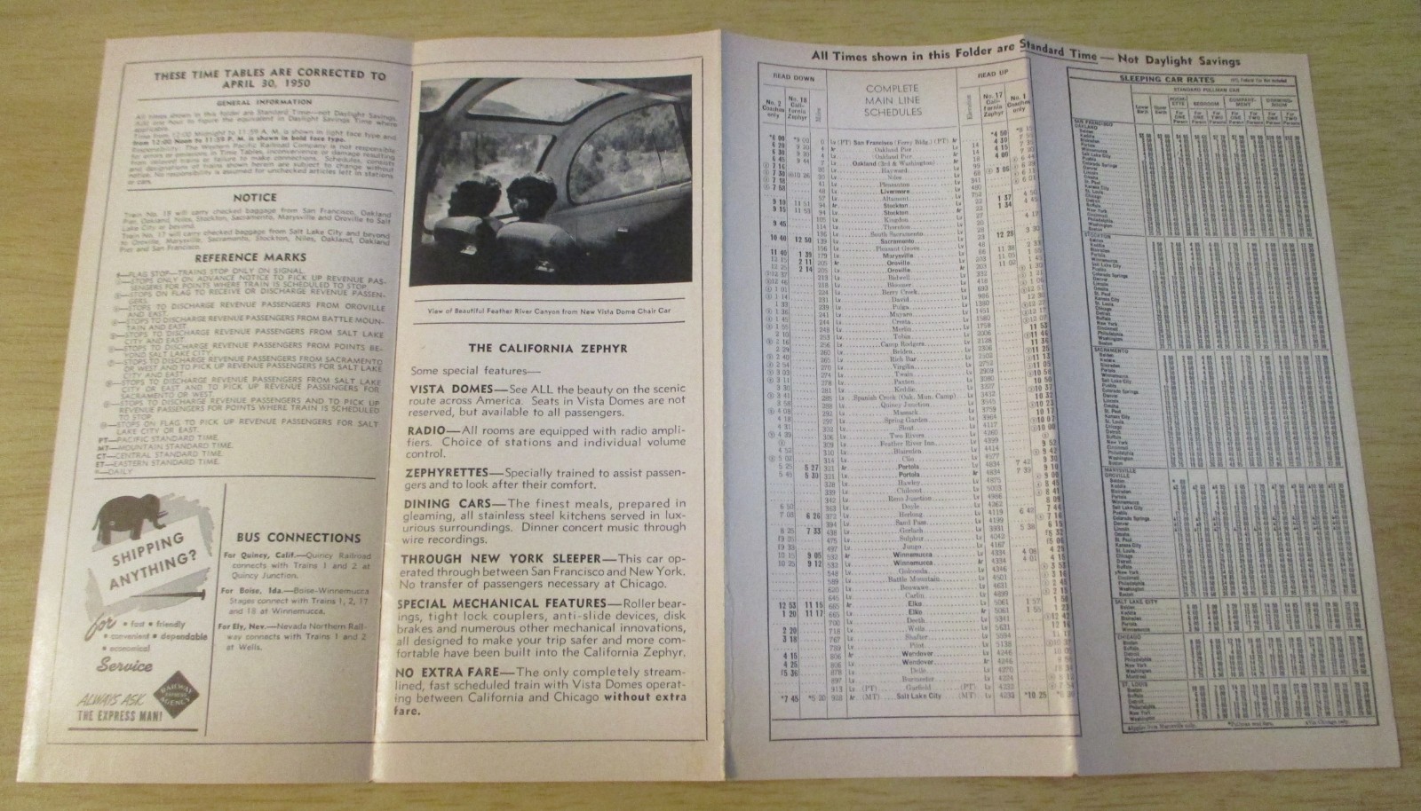 VTG 1950 WESTERN PACIFIC RAILROAD ‘Feather River Route’ MAP~Schedule/Connections