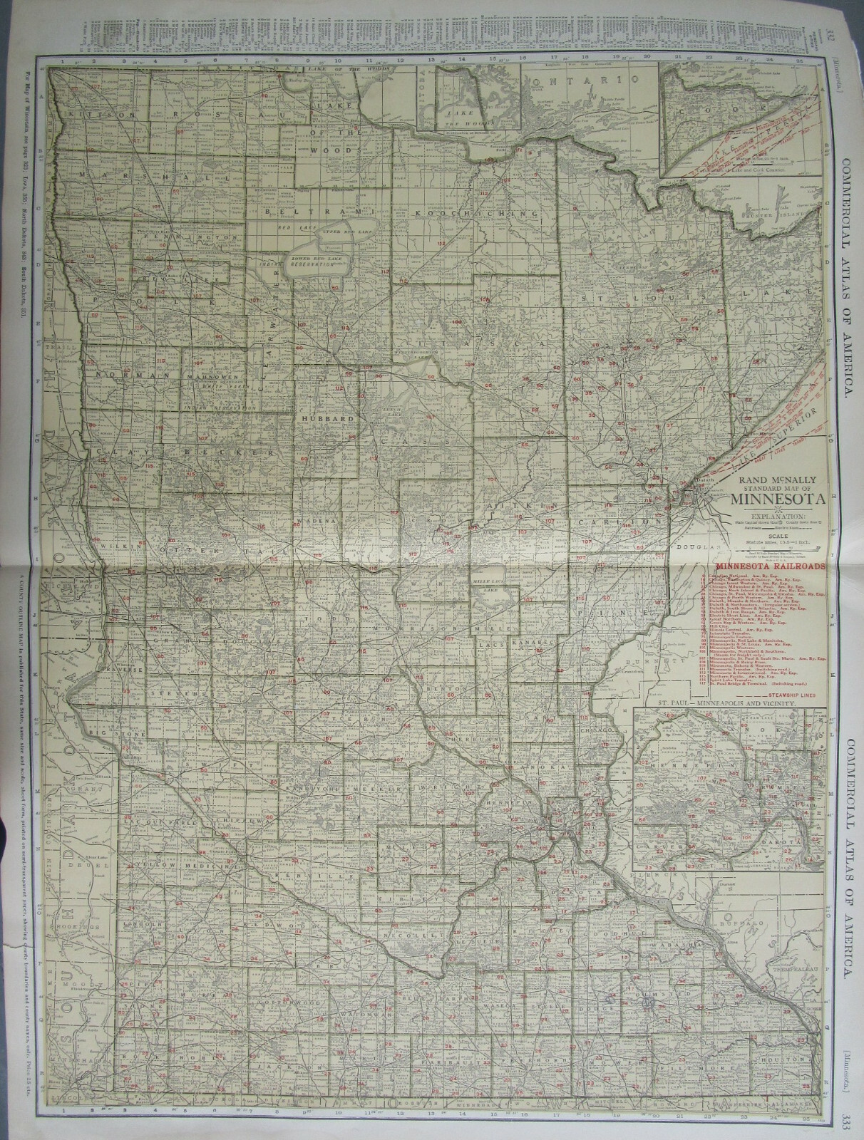 MN 1924 MINNESOTA STEAM RAILROAD Map. SPIRIT LAKE TRANSER RR; HILL CITY RR