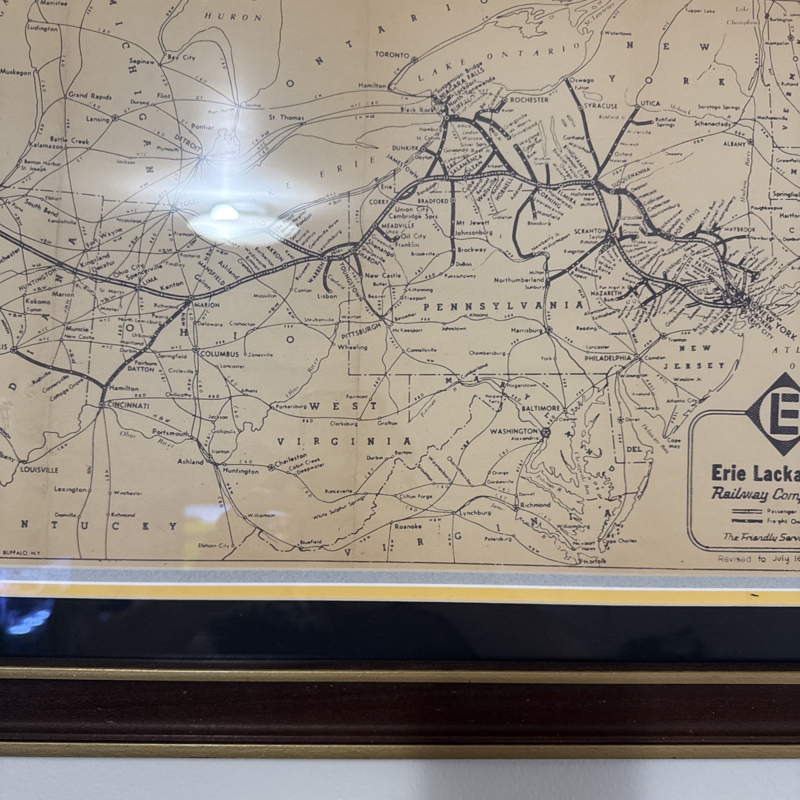 Vintage Pennsylvania Framed 1969 Erie Lackawanna Railway Map 24×16 1960s 1970s