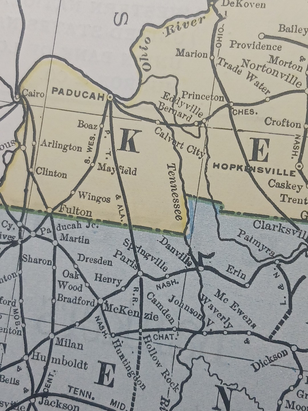 1892 Antique RAILROAD MAP Kentucky & Tennessee all Train Route Lines Mark 9×11″