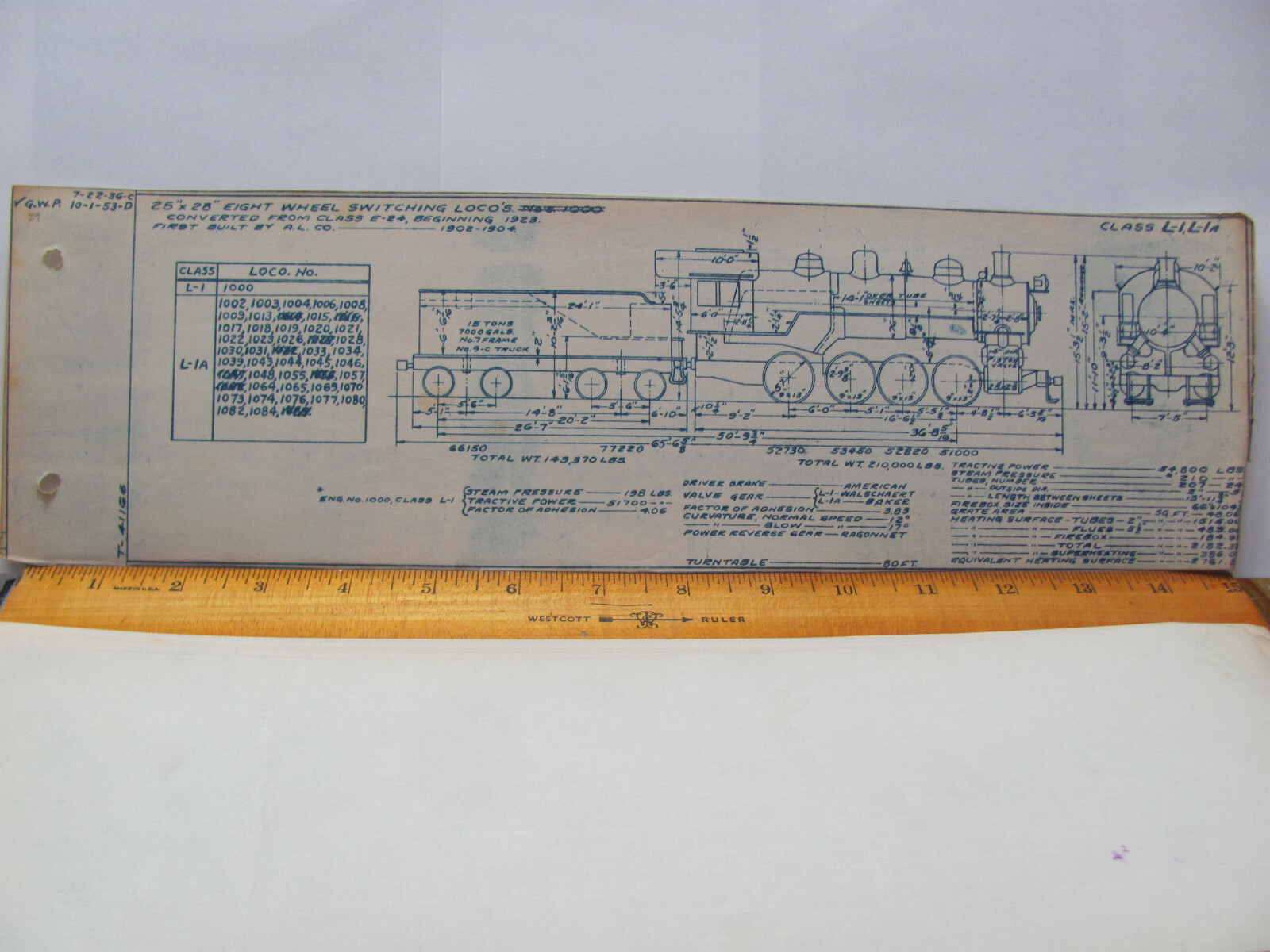 BALTIMORE & OHIO RAILROAD ORIG BLUEPRINT DATA DIAGRAM CLASS L-1A LOCOMOTIVES