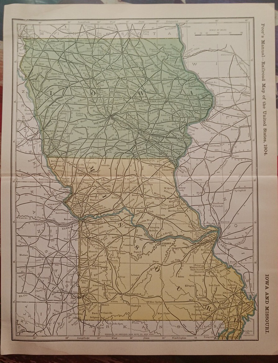 1904 Dated Railroad Map IOWA & MISSOURI all Lines Train Routes 11″x9″ COLOR