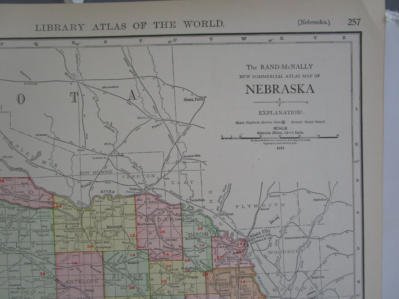 NE ANTIQUE 1912 DATED NEBRASKA RAILROAD Map. ST JOSEPH & GRAND ISLAND RR, ATSF