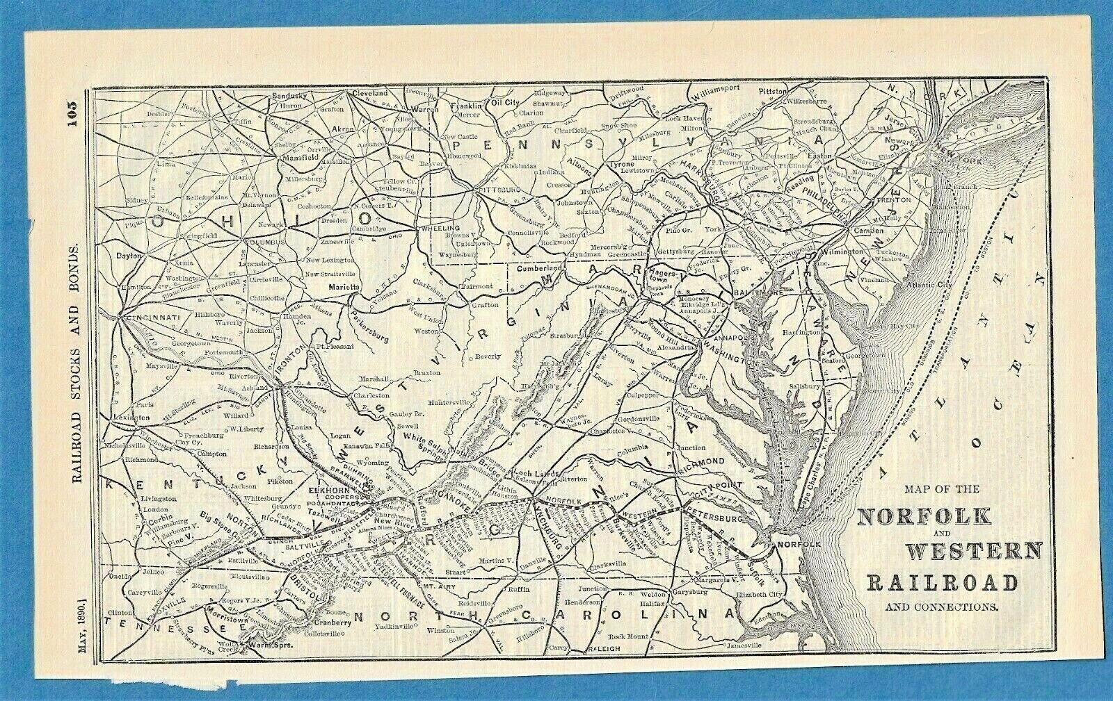 1890 NORFOLK AND WESTERN RAILROAD AND CONNECTIONS MAP