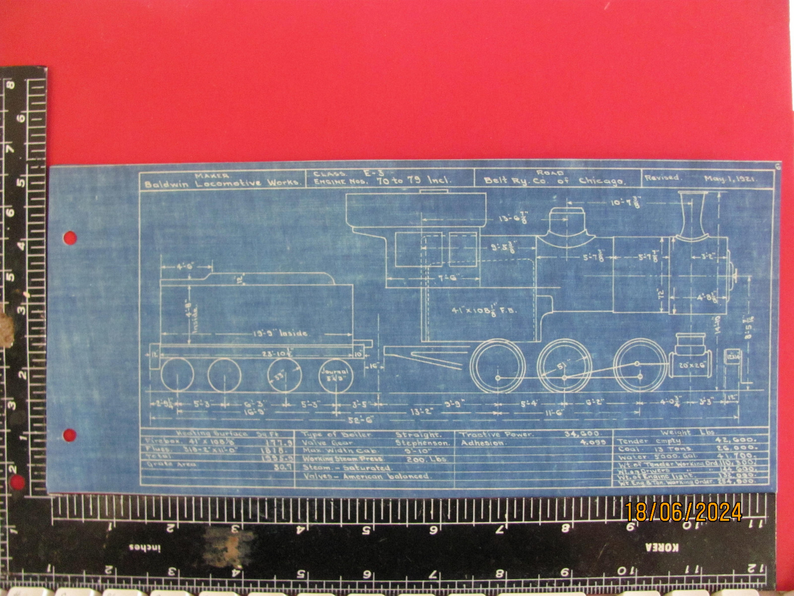 BELT RAILWAY OF CHICAGO 0-6-0 E-3 LOCOMOTIVES #70 – #79 BLUEPRINT DATA DRAWING