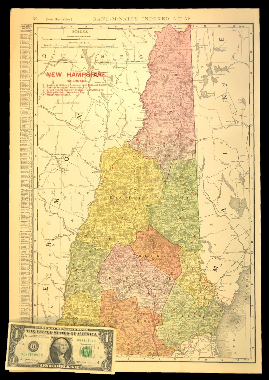 1907 Antique New Hampshire Railroad Map Large Boston & Maine RR Atlas Map DATED