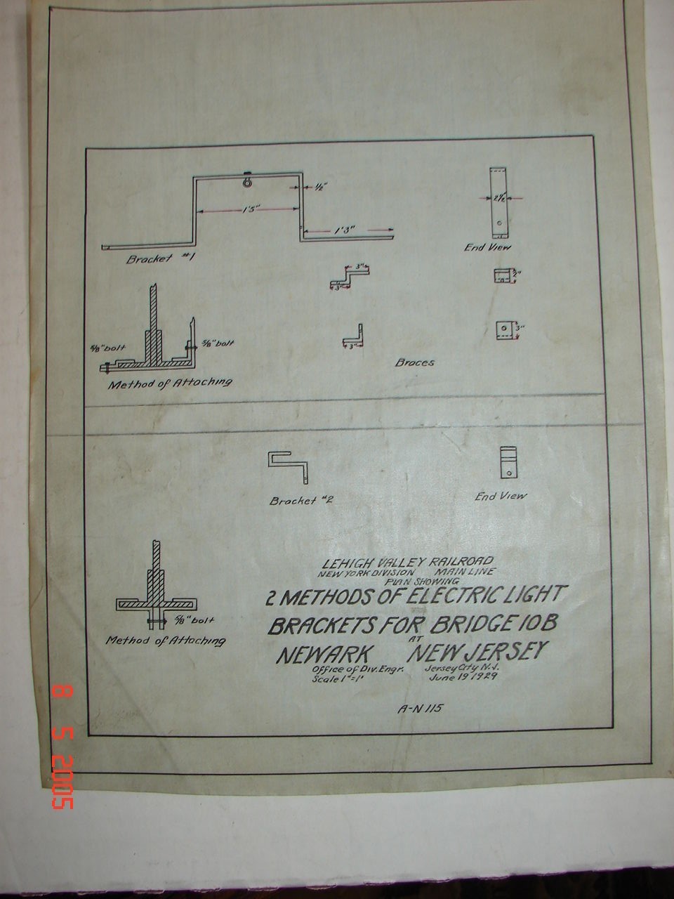 LVRR CO – Newark, N J – 1929 – Bridge 10B – 2 Methods of Electric Light Brackets