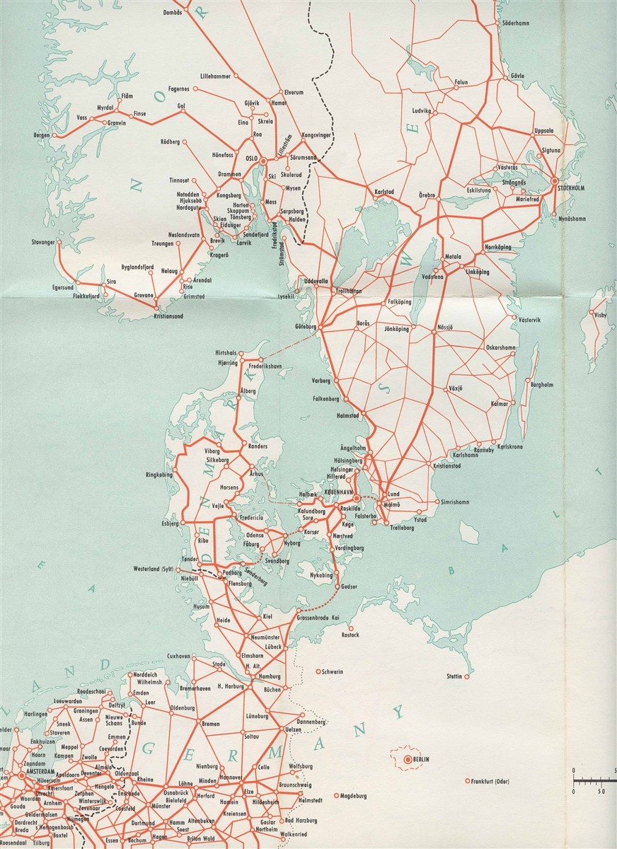 Map of European Lines on Which Eurailpass is Valid 1959 Railroad Ferry Steamers